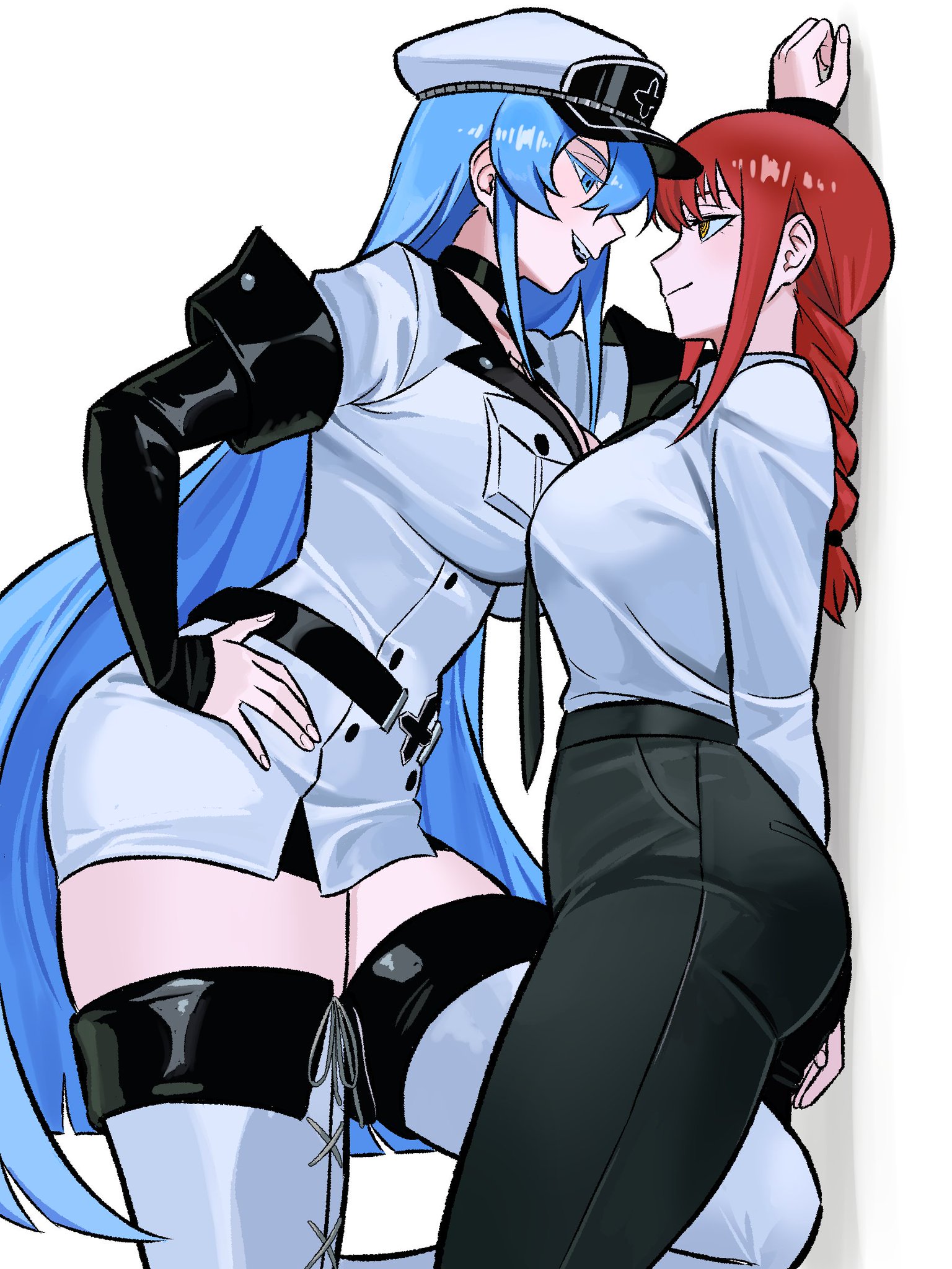 2025, 2d, 2d (artwork), 2girls, against wall, akame ga kill!, big ass, big breasts, blue eyes, blue hair, boots, breast press, breasts, chainsaw man, choker, clothed, clothing, crossover, dress, elbow gloves, esdeath (akame ga kill!), eye contact, female, female only, femdom, fully clothed, gloves, hat, high heel boots, high heels, huge ass, huge breasts, large ass, large breasts, long hair, looking at another, makima (chainsaw man), open mouth, pants, questionable, red hair, sfw, skirt, spiral eyes, thick, thick ass, thick thighs, thigh boots, thighhighs, thighs, thunder thighs, tight clothing, trait connection, very long hair, villainess, white background, yellow eyes, yuri, zeon (zzeeonn), zeon j