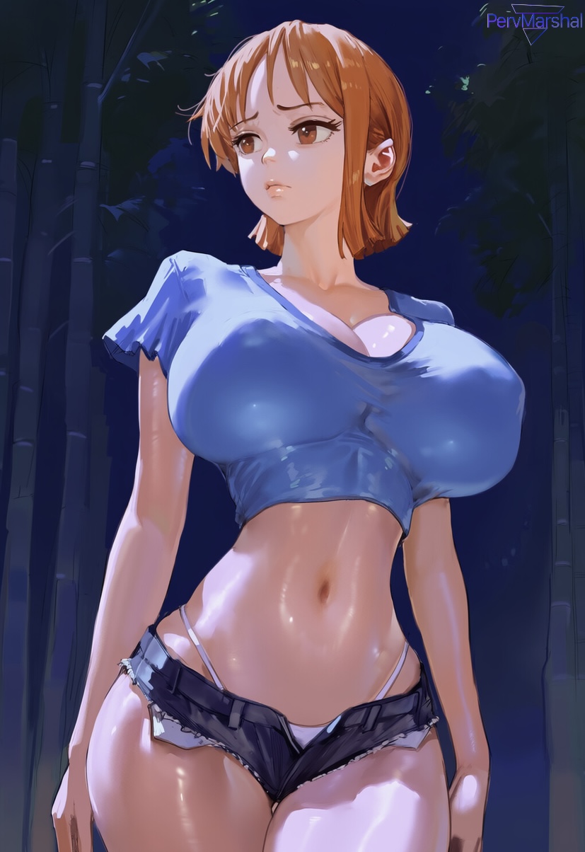 1girls, ai generated, big breasts, breasts, crop top, female, female only, marshalperv, micro shorts, nami (one piece), one piece, orange hair, orange-haired female, pervmarshal, pre-timeskip, scared, shiny skin, short hair, solo female, thick thighs