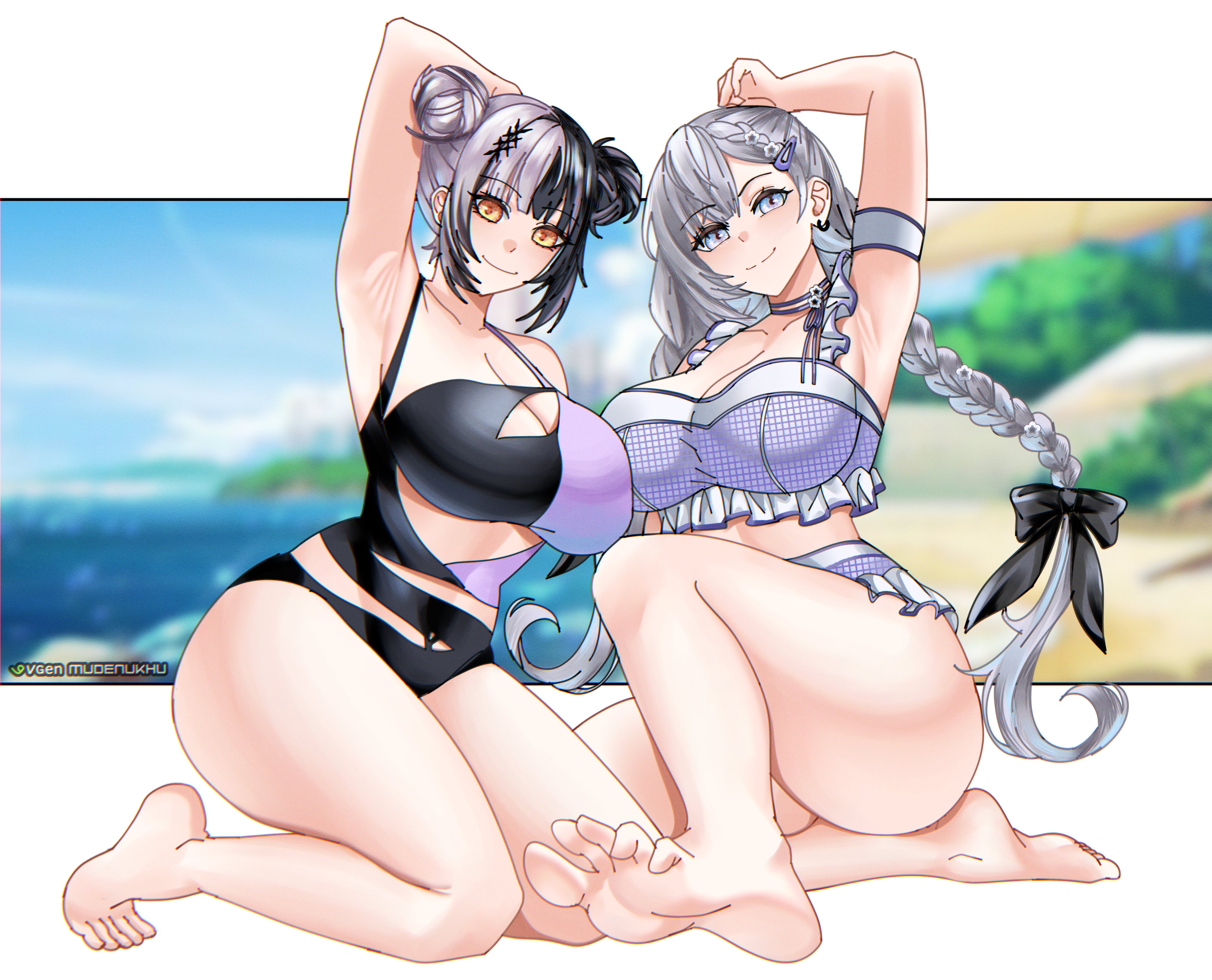 2girls, ass, beach, big ass, big breasts, big butt, bikini, breasts, female, hololive, hololive english, hololive english -advent-, hololive indonesia, hololive indonesia holoh3ro, mdnk28, shiori novella, swimsuit, thick thighs, vestia zeta, virtual youtuber, voluptuous, wide hips