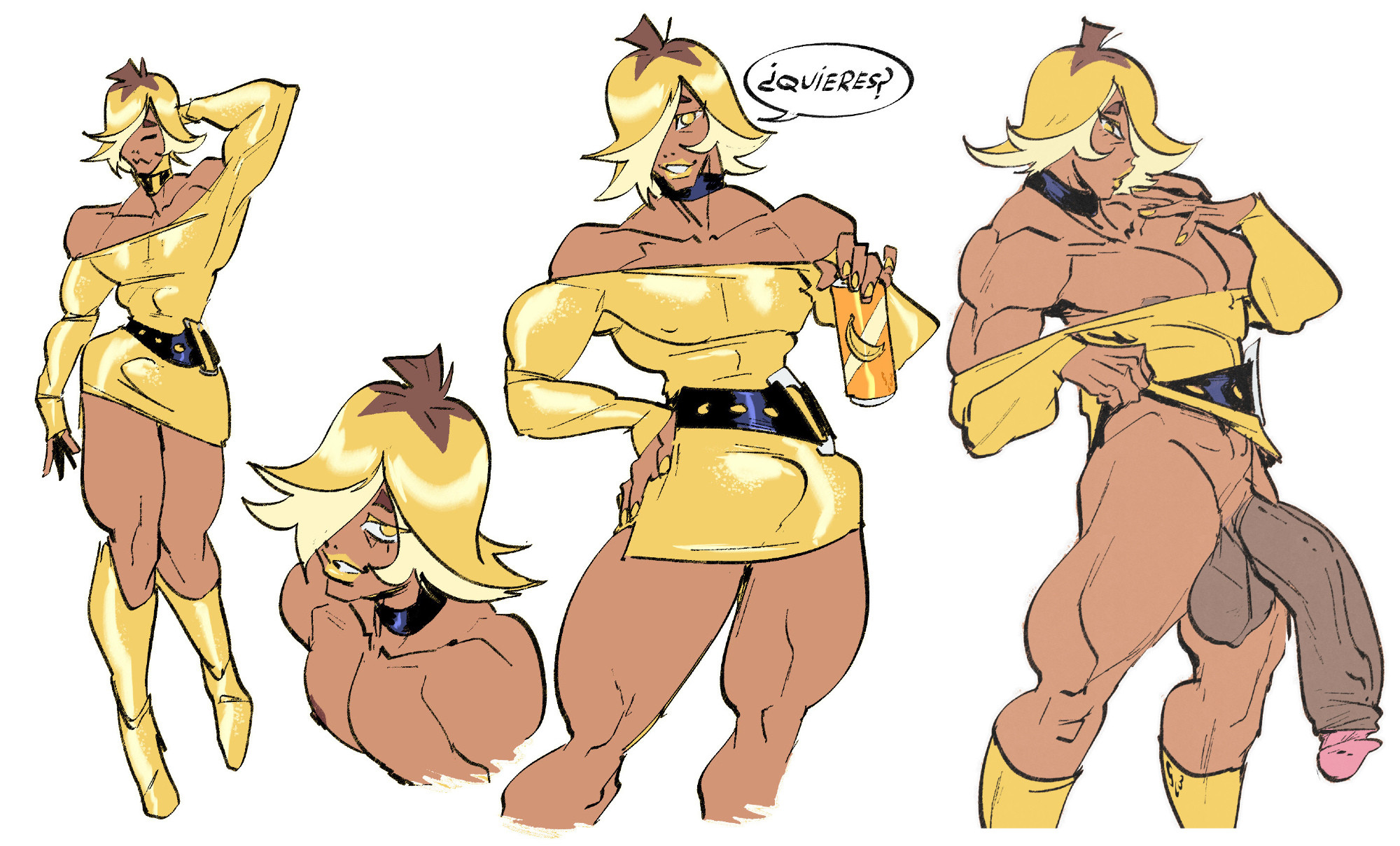 1boy, 2d, ambush (trap), big penis, blonde hair, boots, bulge, bulge through clothing, choker, clothed, color, dark skin, dark-skinned dom, dark-skinned femboy, dark-skinned male, dark-skinned sissy, dark-skinned twink, dress, dress lift, fat cock, femboy, femboy only, femboydom, giant penis, holding object, huge cock, hung femboy, juanito (slb), lipstick, makeup, male, male only, muscular, muscular femboy, muscular male, original, penis, slb, smiling, solo, spanish text, speech bubble, thick penis, two-tone hair, yellow lipstick