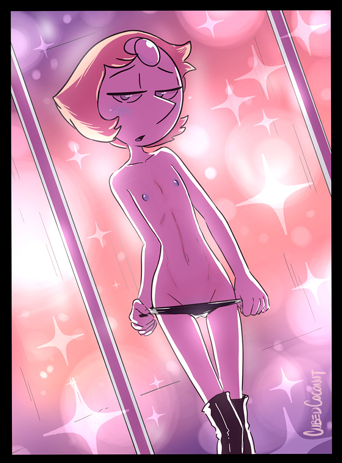 blush, boots, cubedcoconut, female, female only, flat chest, gem (species), open eyes, open mouth, panties, pearl (steven universe), pink hair, short hair, solo, standing, steven universe, topless, undressing