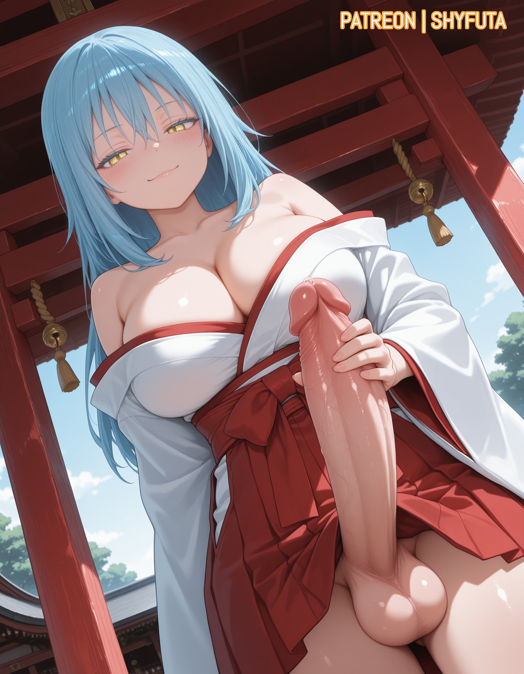 1futa, 2025, ai generated, aqua hair, balls, bangs, bare shoulders, big breasts, big penis, blue hair, breasts, cleavage, cock, curvy, curvy body, curvy figure, dick, dickgirl, futa only, futanari, haori, holding penis, huge cock, intersex, large balls, large breasts, large penis, light skin, light-skinned futa, long hair, long penis, long sleeves, miko, patreon, patreon username, penis, penis out, rimuru tempest, shrine maiden, shyfuta, skirt, smile, solo, solo focus, solo futa, stable diffusion, tensei shitara slime datta ken, that time i got reincarnated as a slime, thighs, yellow eyes
