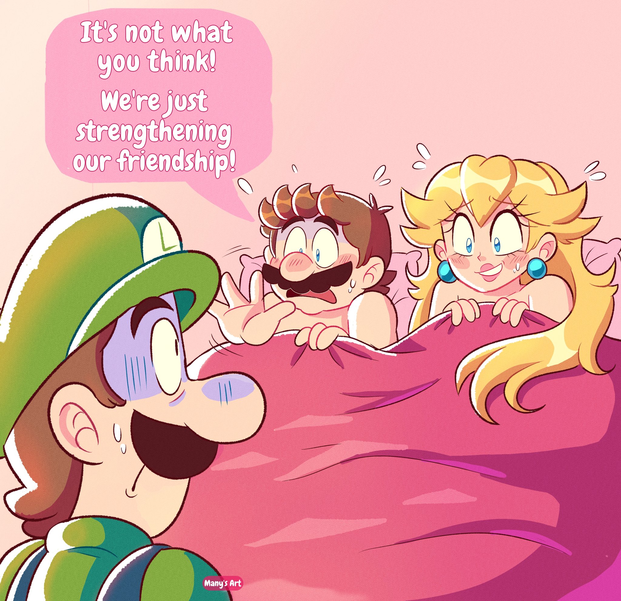1girls, 2boys, bed, bed sheet, blonde hair, blush, caught, caught in the act, english text, female, funny, implied sex, long hair, luigi, male, manys art, mario, mario (series), nintendo, princess peach, sexually suggestive, sheet grab, sweat, sweatdrop, text