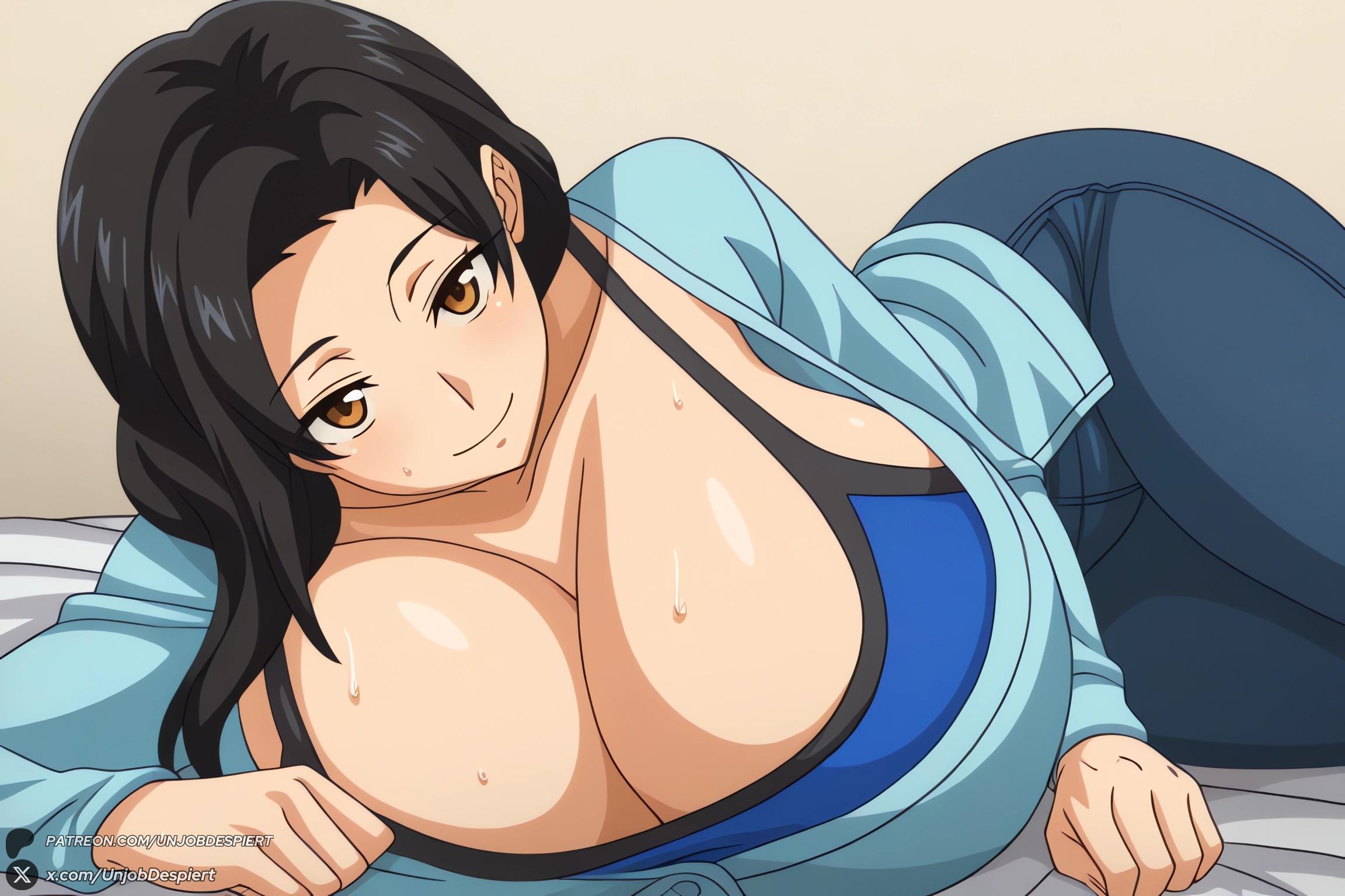 1female, 1girls, 2026, ai generated, artist name, big ass, big breasts, black hair, breasts, brown eyes, cleavage, curvy, female, female only, hajimete no hitozuma, hi res, high quality, high resolution, highres, huge ass, huge breasts, long hair, looking at viewer, lying, mature female, on side, pants, patreon, patreon username, smile, solo, sweat, thighs, tomoko (hajimete no hitozuma), unjobdespiert, watermark