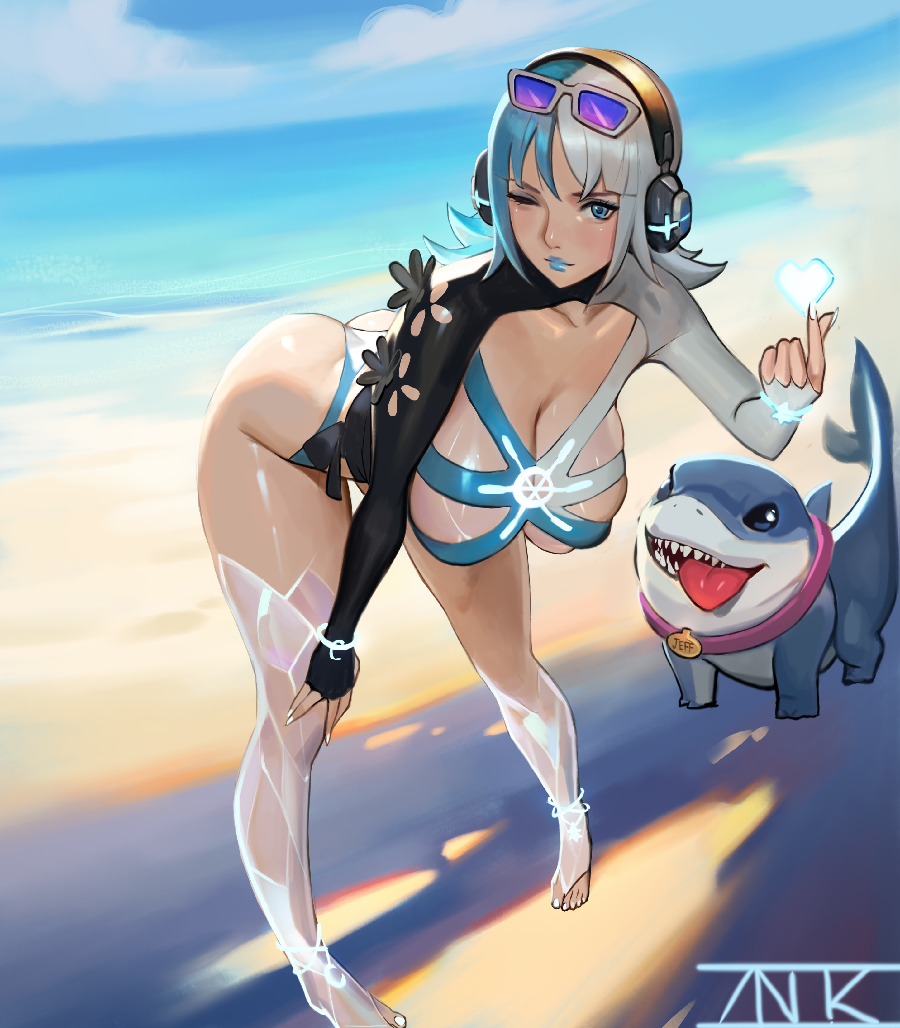1girls, bent over, big ass, big breasts, breasts, cleavage, eyewear on head, female, female focus, jeff the land shark, luna snow, luna snow (cool summer), luna snow (marvel rivals), marvel, marvel comics, marvel rivals, sunglasses, thick thighs, wink, znor