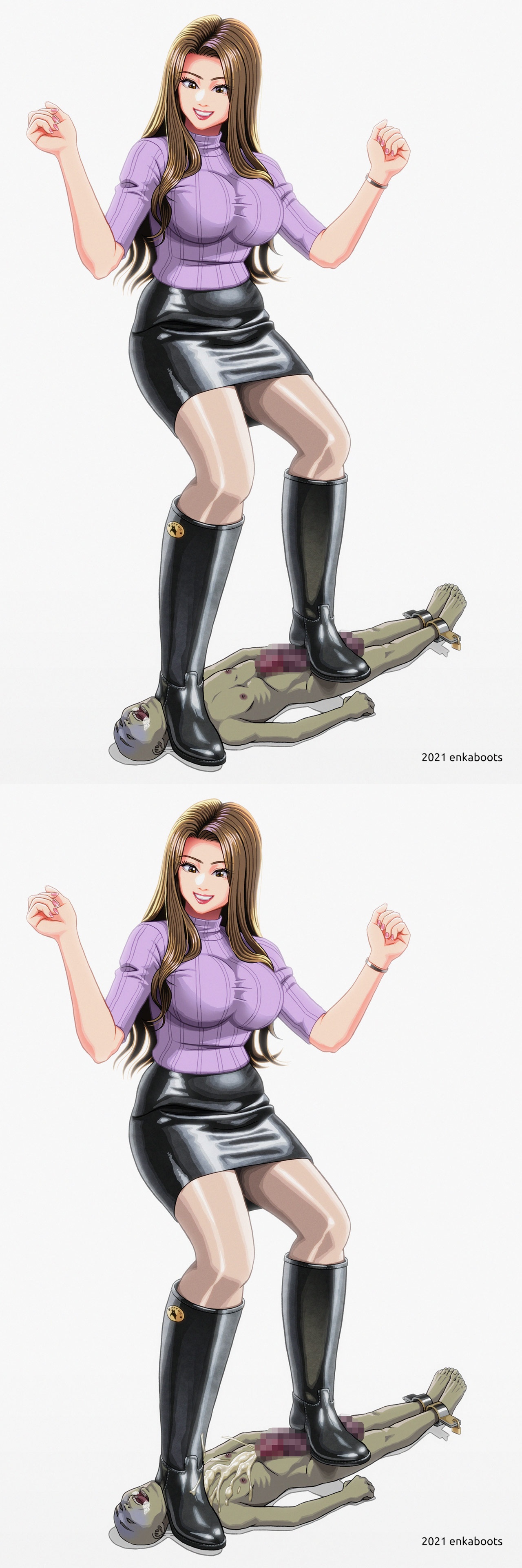 1boy, 1boy1girl, 1girls, adult, adult female, asian, asian female, asian girl, ballbusting, ballbusting orgasm, balls, big breasts, bondage, boot fetish, bootjob, boots, breasts, cbt, censored, censored balls, censored genitalia, censored penis, cfnm, choke hold, clothed female nude male, clothes, cock and ball torture, cock and balls torture, cum, cumshot, dominant, dominant female, dominatrix, ejaculation, enkaboots, female, female focus, femdom, footjob, footjob with legwear, knee boots, kneehigh boots, leather, leather boots, leather clothing, leather skirt, long legs, male, malesub, original, original character, original characters, pantyhose, pencil skirt, penis, riding boots, shoejob, stepped on, stepping on genitals, stepping on male, stepping on neck, stepping on penis, stockings, submissive male, sweater, tall boots, tight sweater, trample, trampling