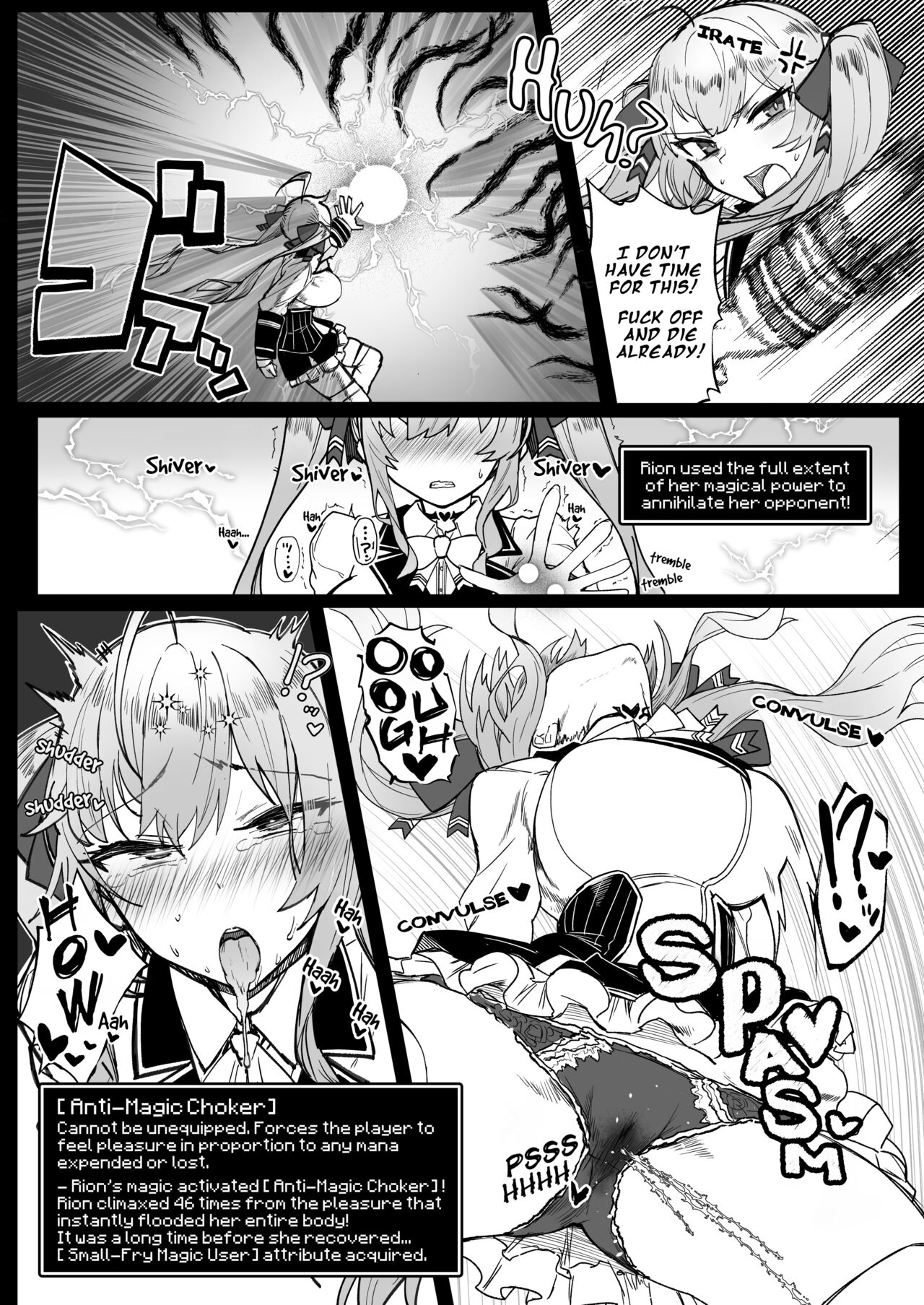 ahe gao, ahoge, blonde hair, blush, breasts, camera, choker, cursed item, doujinshi, drooling, ero trap dungeon, female, hair ribbon, head thrown back, huge breasts, kagami uekusa, livestream, long hair, magic, monster, nijisanji, open mouth, orgasm, panties, recording, red eyes, school uniform, scythe, squirting, stained panties, stats, surprised, takamiya rion, tentacle, text, thick thighs, thighhighs, thighs, tongue, tongue out, traps, twintails, video game mechanics, virtual youtuber, weapon