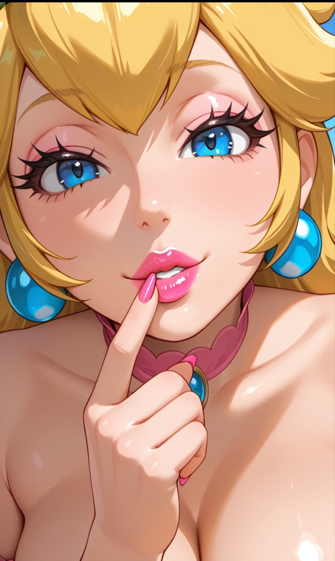 ai generated, close-up, female, lips, lipstick, nail polish, painted nails, pink lipstick, pink nails, princess peach, seductive mouth, sharp fingernails, super mario bros.