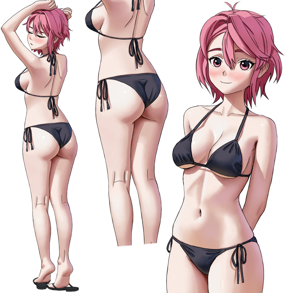 1girls, ass, back view, backside, belly, bikini, bikini only, black bikini, blush, booty, cute, cute butt, cute face, dandadan, different poses, different views, female, female focus, female only, female torso, front view, hands behind back, josivalart, medium breasts, petite, petite body, petite female, pink eyes, pink hair, pink-haired female, sexy, sexy body, shiratori aira (dandadan), short hair, sideboob, slender, slender body, solo, solo female, solo focus, tummy