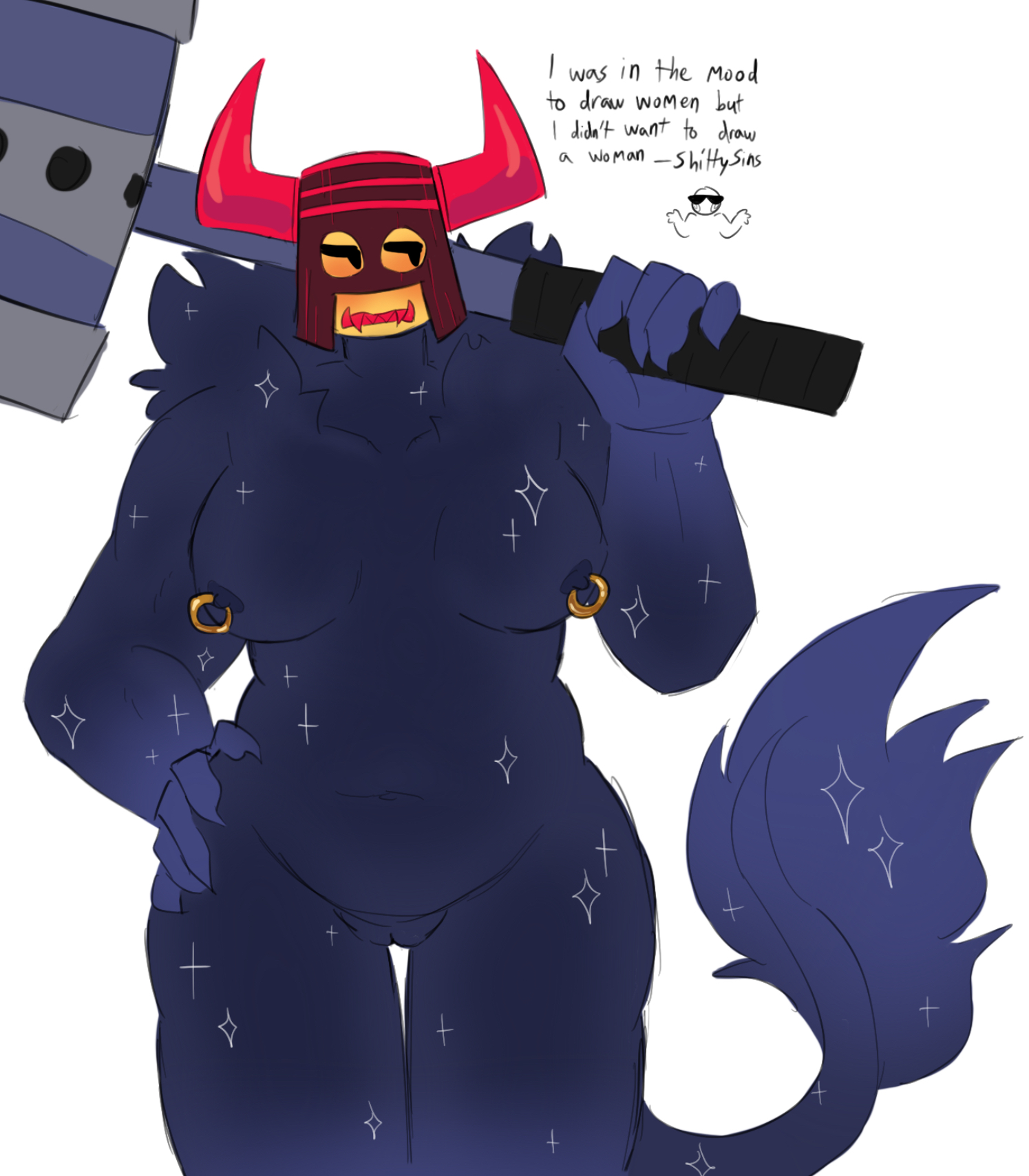 1girls, breasts, clawed fingers, color, colored, colour, coloured, drawing, fangs, female, hammer, hat, horns, mrdoombringer, nipple piercing, no clothes, nude, pussy, red horns, roblox, roblox admins, robloxian, rule 63, self upload, sharp teeth, shittysins, showing off, standing, tail, tits out