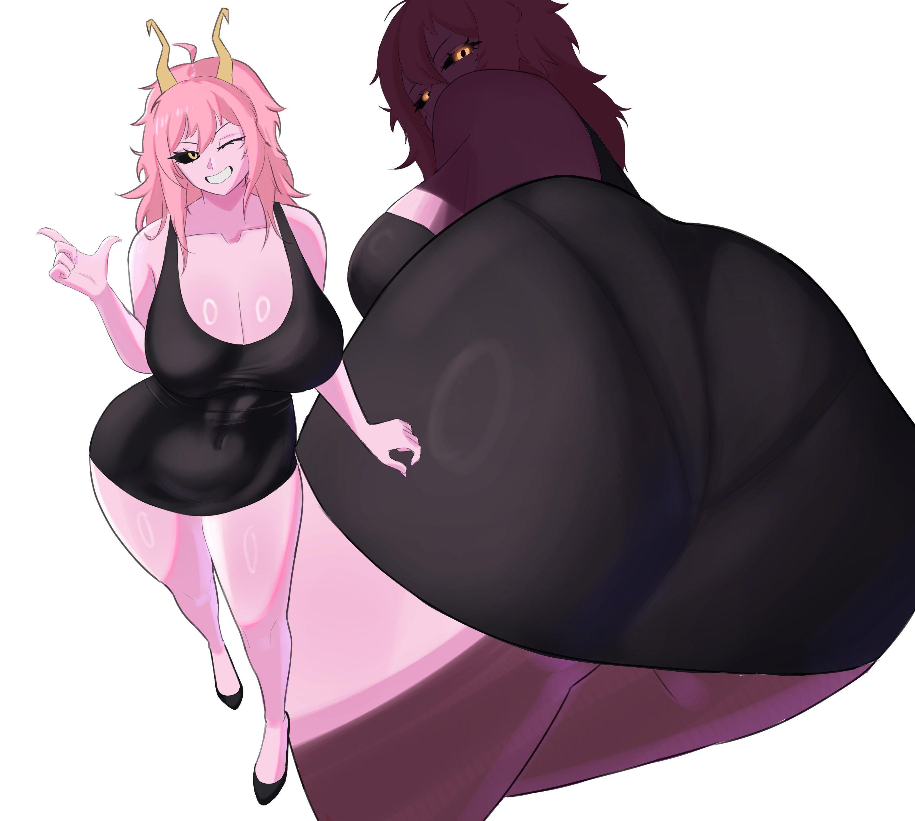 1girls, ass, ass focus, ass in dress, ass shot, back, back view, backboob, big ass, big breasts, black dress, black sclera, breasts, clothing, curvy, curvy figure, dress, female, female only, footwear, hair, heels, horns, huge ass, long hair, looking back, mina ashido, mina ashido time-skip, my hero academia, one eye closed, pantylines, pink body, pink hair, pink skin, post-timeskip, runbash, smile, solo, solo female, thick thighs, thighs, wink, winking, yellow eyes