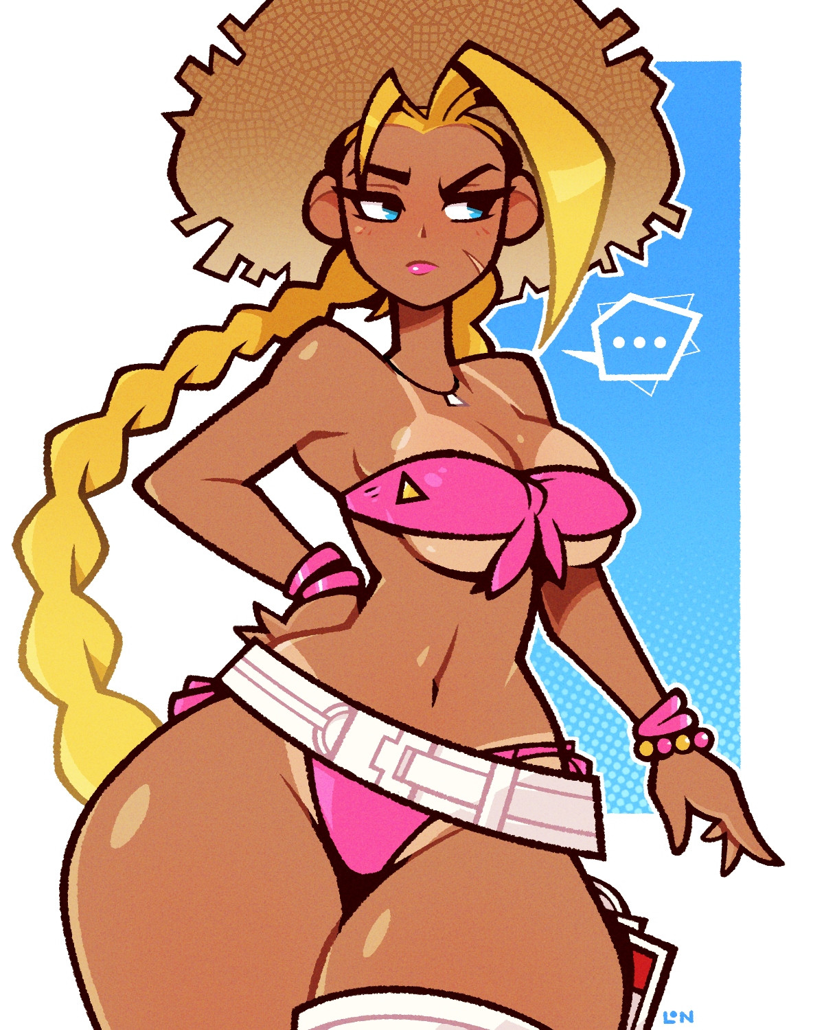 ..., 1girls, armwear, big breasts, bikini, bikini bottom, bikini tan, bikini top, blonde hair, blue eyes, bottomwear, bracelet, braid, braided hair, breasts, cammy white, capcom, female, female only, hair, hand on hip, hat, headwear, hips, legendofnerd, lips, lipstick, official alternate costume, pink bikini, pink lips, pink lipstick, side-tie bikini, solo, solo female, speech bubble, street fighter, sun hat, swimwear, tan body, tan skin, tanline, tanlines, tanned, tanned female, tanned skin, thick thighs, thighs, topwear, wide hips