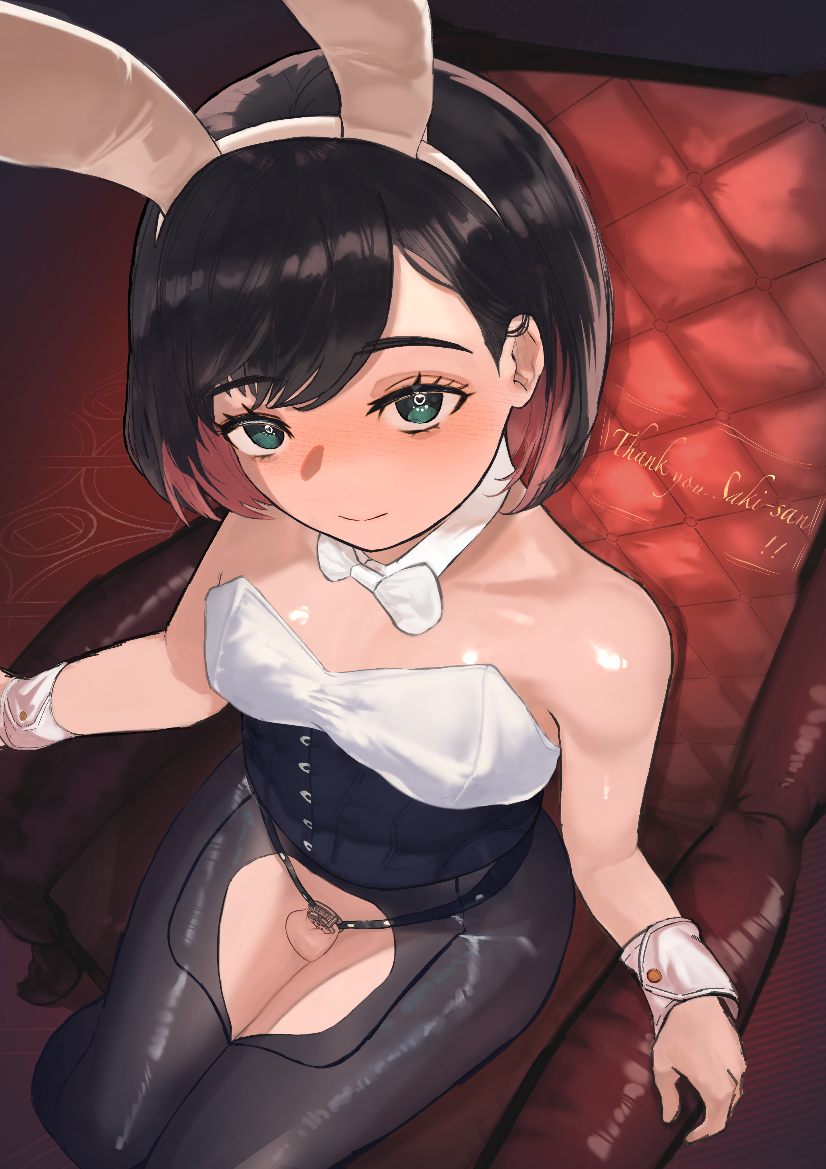 1boy, balls, bare shoulders, black hair, blush, bowtie, bunny ears, bunnysuit, chastity cage, commission, couch, crotchless, crotchless pantyhose, detached collar, fake animal ears, femboy, green eyes, hair ornament, hi res, high-angle view, image set, looking at viewer, male, male only, multicolored hair, no panties, original, original character, otknk, pantyhose, partially clothed, pov, red hair, revealing clothes, short hair, sitting, skeb commission, smile, solo, two-tone hair, uncensored, wrist cuffs