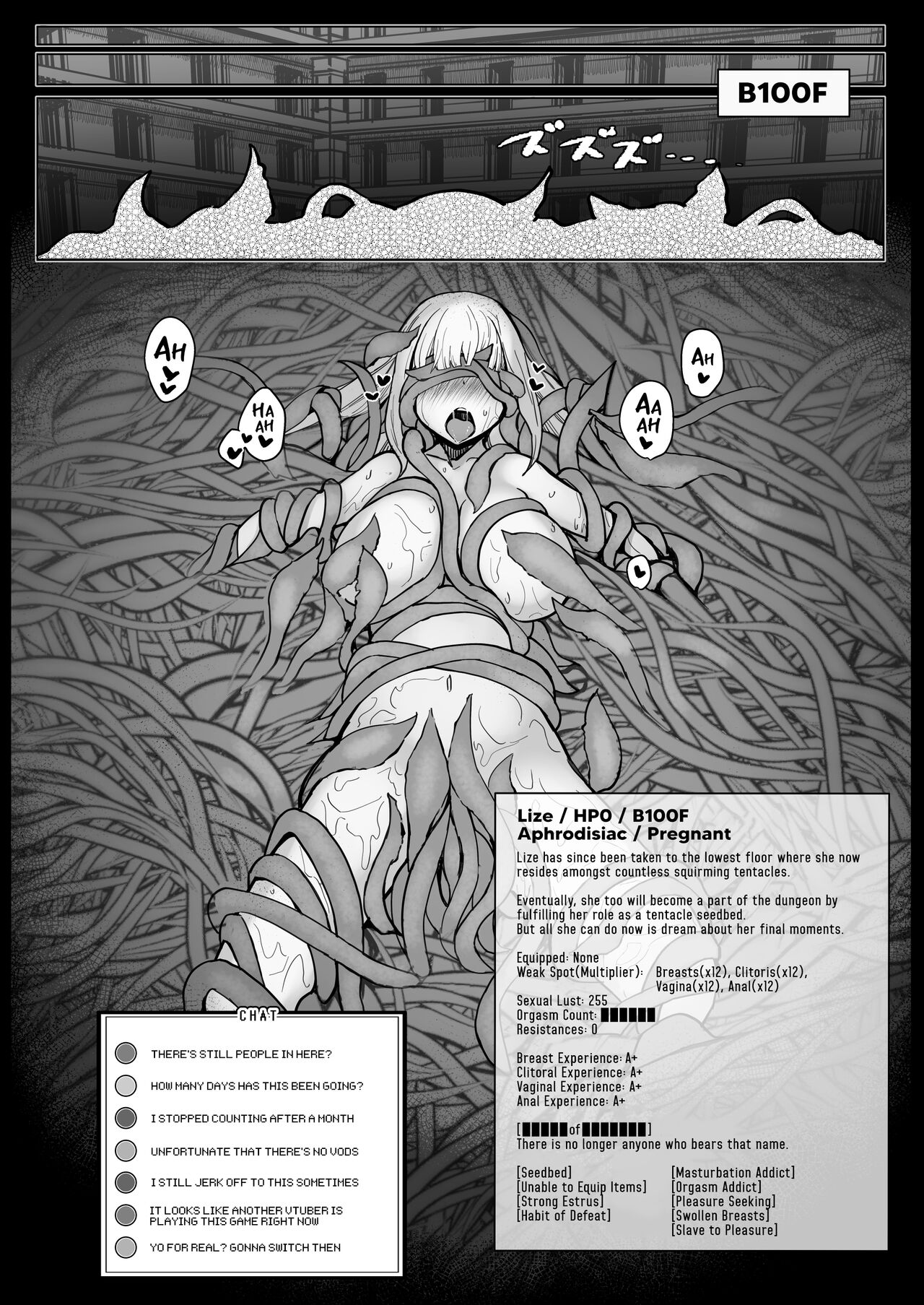 ahe gao, ass, blue hair, blush, body modification, breasts, camera, defeated, doujinshi, dungeon, ero trap dungeon, female, femsub, huge breasts, hypnosis, kagami uekusa, large ass, large breasts, livestream, lize helesta, male, maledom, mind control, monochrome, monster, nijisanji, nipples, nude, pussy, pussy juice, recording, stats, streaming, tentacle, tentacle rape, tentacle sex, text, traps, twitch chat, two-tone hair, video game mechanics, virtual youtuber, white hair