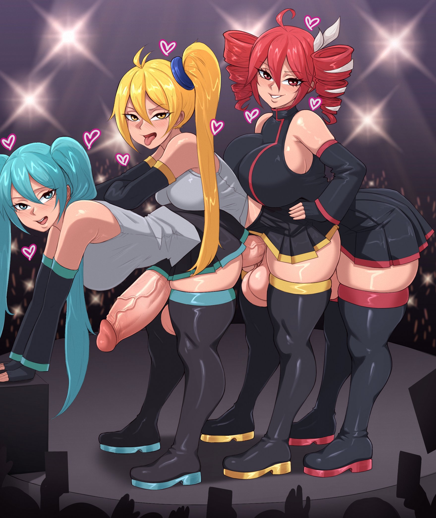 3dickgirls, 3futas, 3girls, ahoge, akita neru, aqua eyes, aqua hair, audience, bare shoulders, bent over, black footwear, black gloves, black skirt, blonde hair, blush, boots, breasts, concert, crowd, detached sleeves, drill hair, erection, fanloid, fingerless gloves, futa on futa, futa only, futa with futa, futanari, gloves, grey shirt, hair between eyes, hand on hip, hatsune miku, heart, heart-shaped pupils, huge cock, huge penis, intersex, kasane teto, large breasts, long hair, looking at viewer, love train, multiple girls, multiple penises, on stage, open mouth, penis, pleated skirt, public, public sex, red eyes, red hair, sex, shirt, side ponytail, skirt, sleeveless, sleeveless shirt, smile, spotlight, stage, stage lights, standing, symbol-shaped pupils, tagme, taking picture, testicles, thigh boots, thighhighs, threesome, tongue, tongue out, trio, triple baka (vocaloid), twin drills, twintails, uncensored, utau, veins, veiny penis, very long hair, vicsenpai, vocaloid, yellow eyes