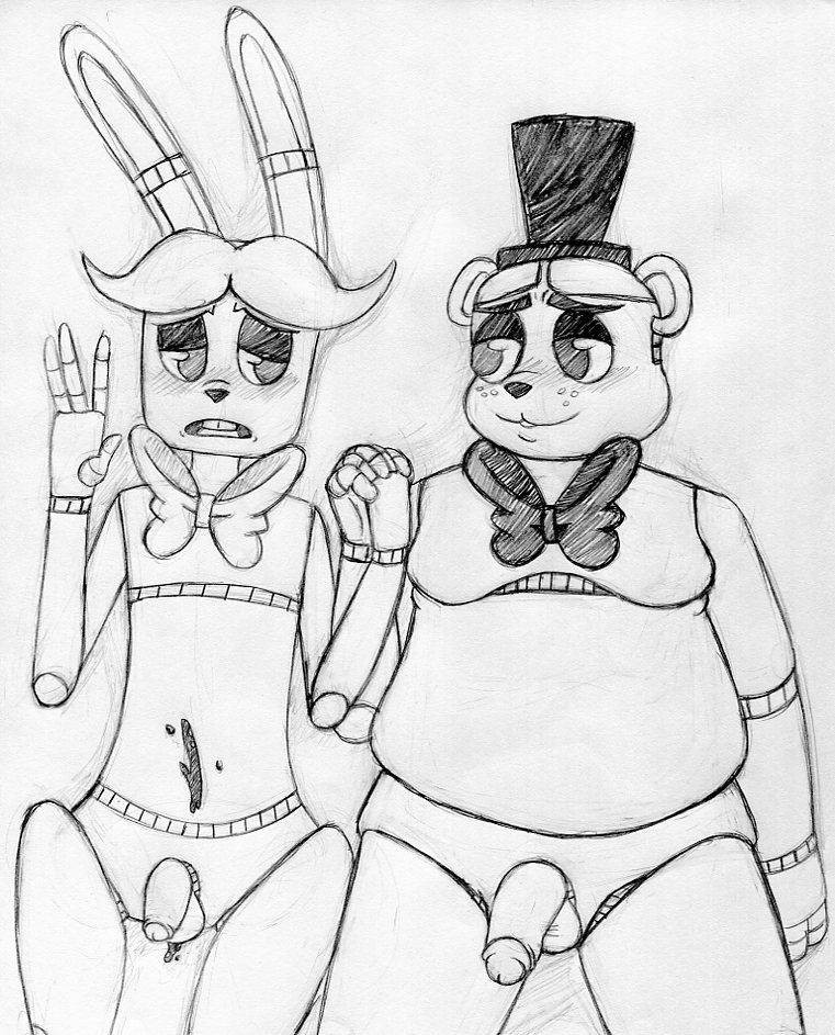 2015 after_sex animatronic anthro balls bear black_and_white blush bonnie_(fnaf) bow_tie cum cum_on_stomach duo five_nights_at_freddy's flaccid freddy_(fnaf) hand_holding hat inkyfrog lagomorph machine male mammal monochrome penis rabbit robot simple_background smile top_hat traditional_media_(artwork) video_games white_background yaoi