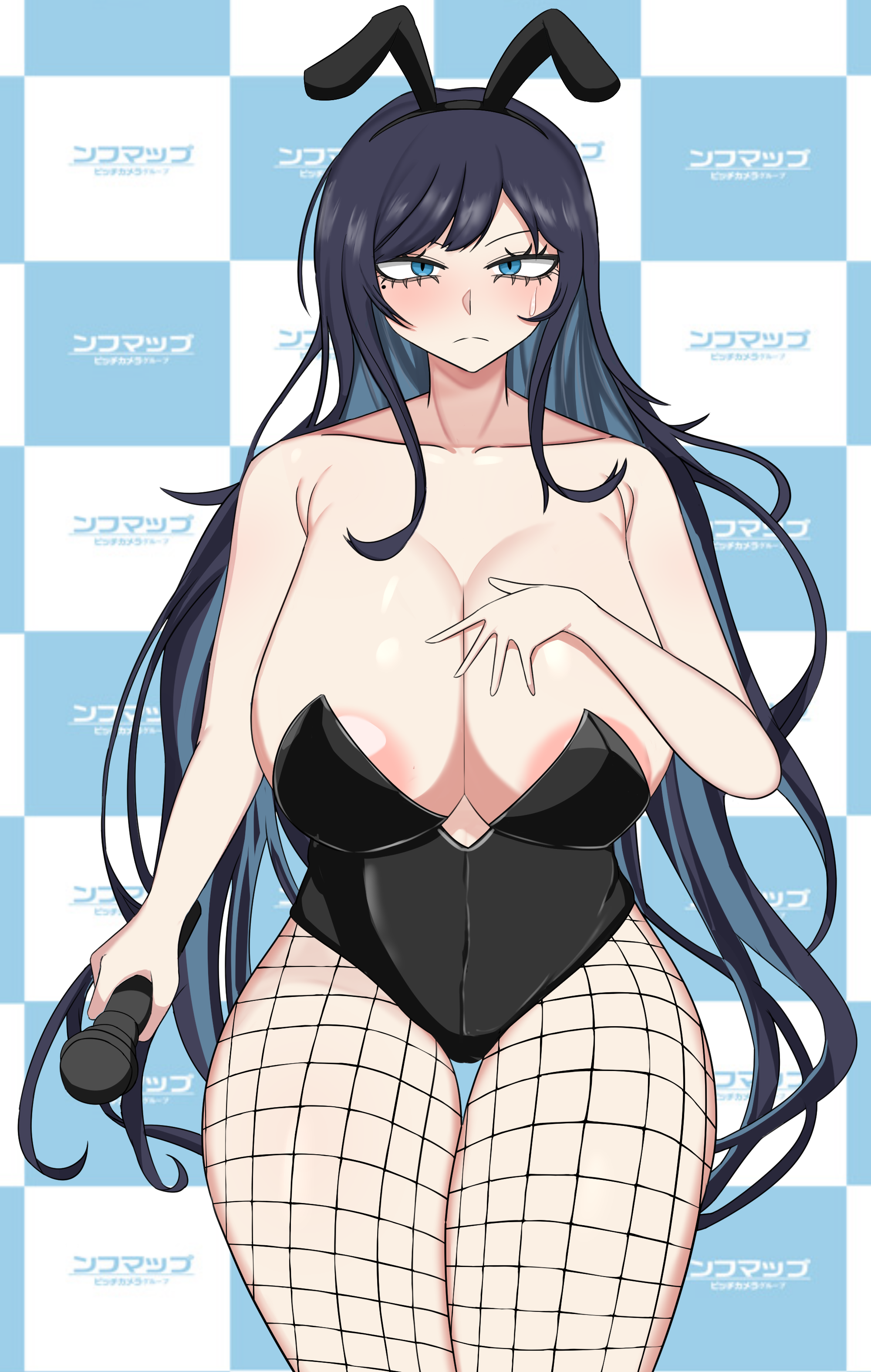 ado (music-artist), blue hair, breasts, bunny ears, female, fishnets, hand on breast, long hair, tagme