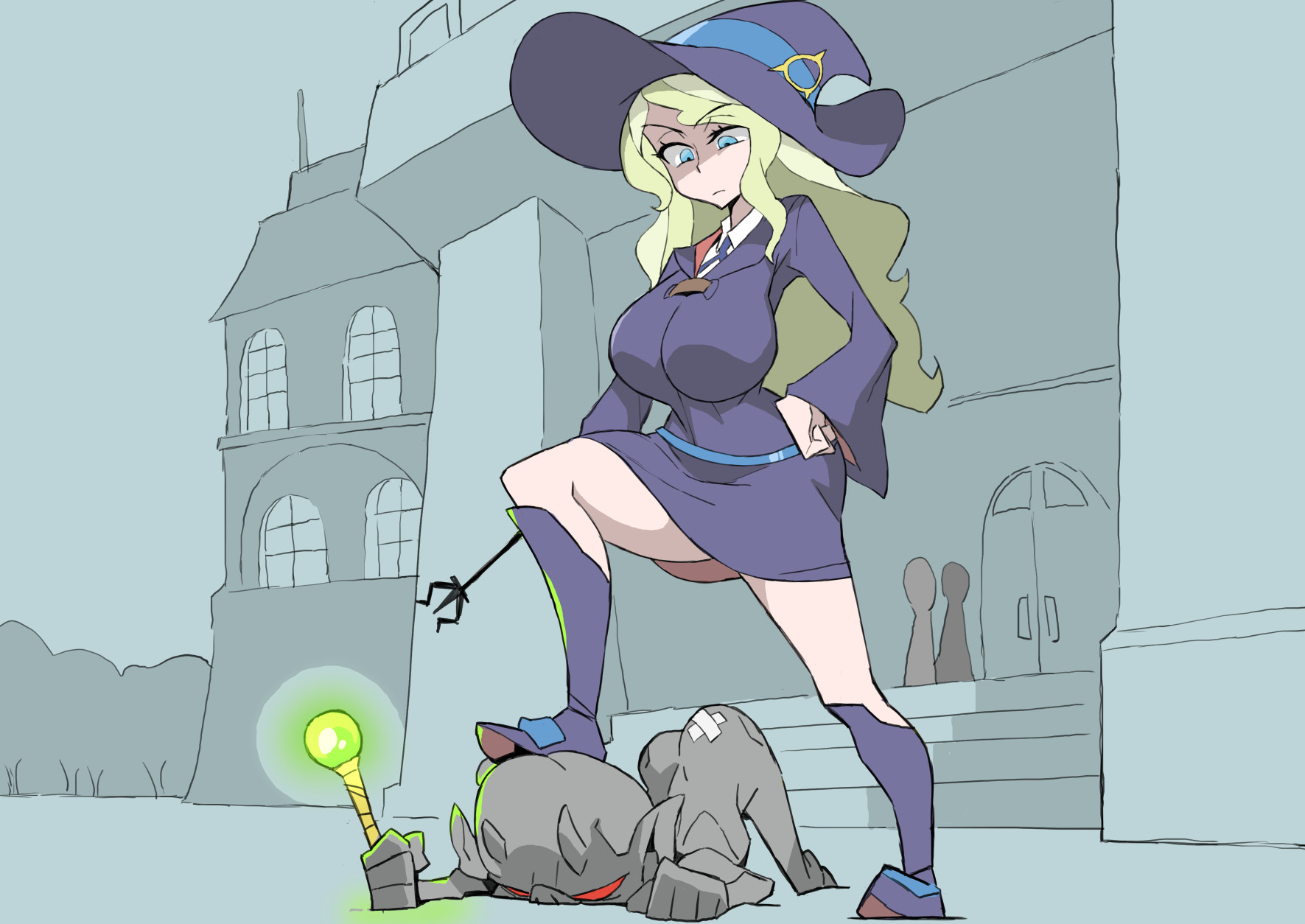 1boy, 2025, big breasts, blue eyes, breasts, clothed, clothing, defeated villain, diana cavendish, female, green hair, hi res, highres, horns, imp, little witch academia, long hair, long-haired female, lying on floor, magic wand, magical girl, male, monster, nikujuu uc, outfit, red eyes, safe for work, sfw, stepping on head, wand, witch, witch hat