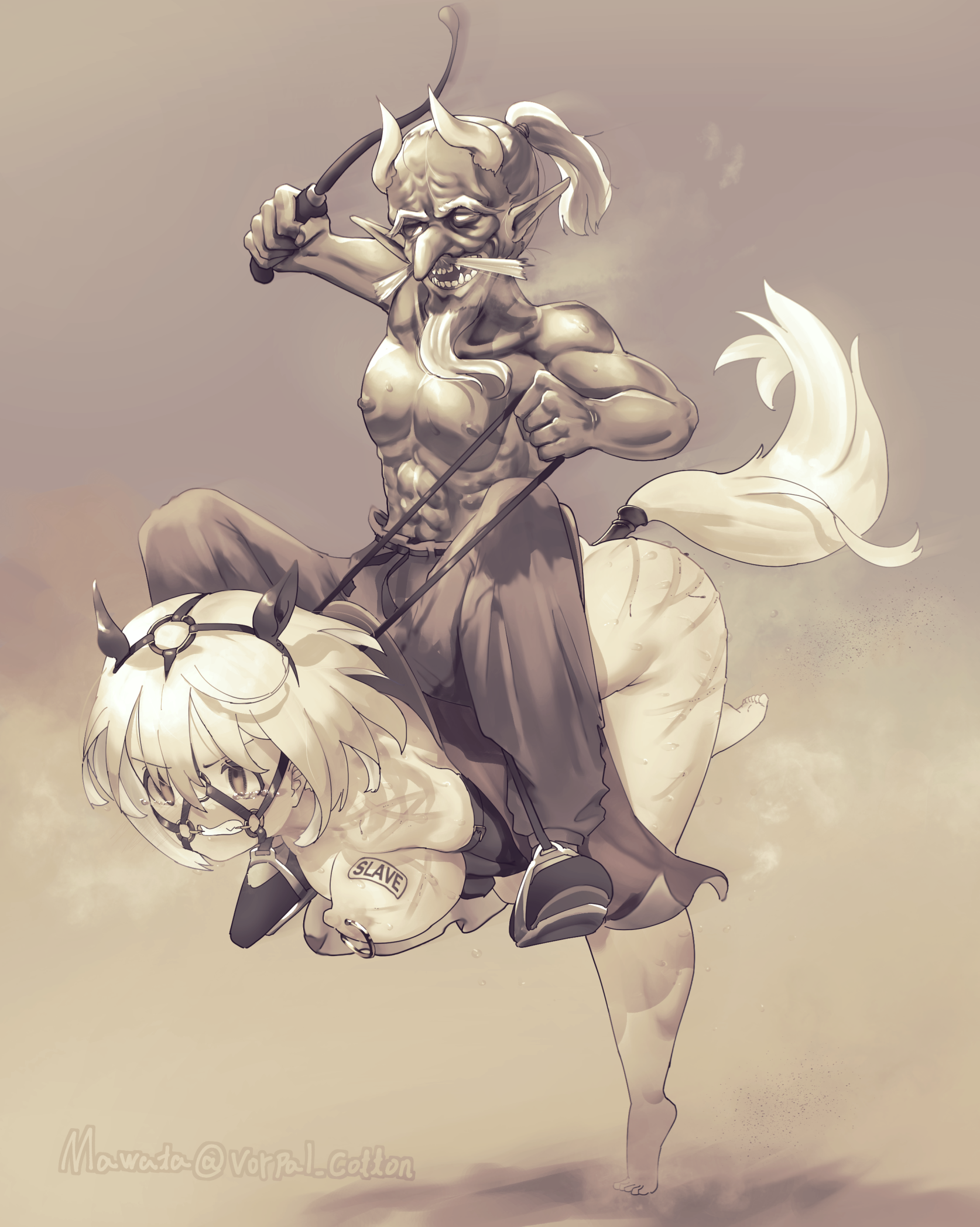 1boy, 1girls, ass, blonde hair, bondage, bound, bound wrists, breasts, breasts out, buttplug, buttplug tail, clothed male nude female, crying, crying with eyes open, dominant male, fake animal ears, fake tail, female, femsub, gag, gagged, goblin, goblin male, hanging breasts, harness, harness gag, horse ears, male, maledom, medium hair, nipple piercing, nipple rings, nipples, nude, nude female, nude female clothed male, older male, older male and younger female, pierced nipples, piercing, pony girl, ponygirl, ponyplay, reins, riding, riding on back, running, saddle, simple background, sitting on another, sitting on person, slave, slave girl, slave tattoo, small dom big sub, stirrups, submissive female, tears, thighs, vorpal cotton, whip, whip marks, younger female