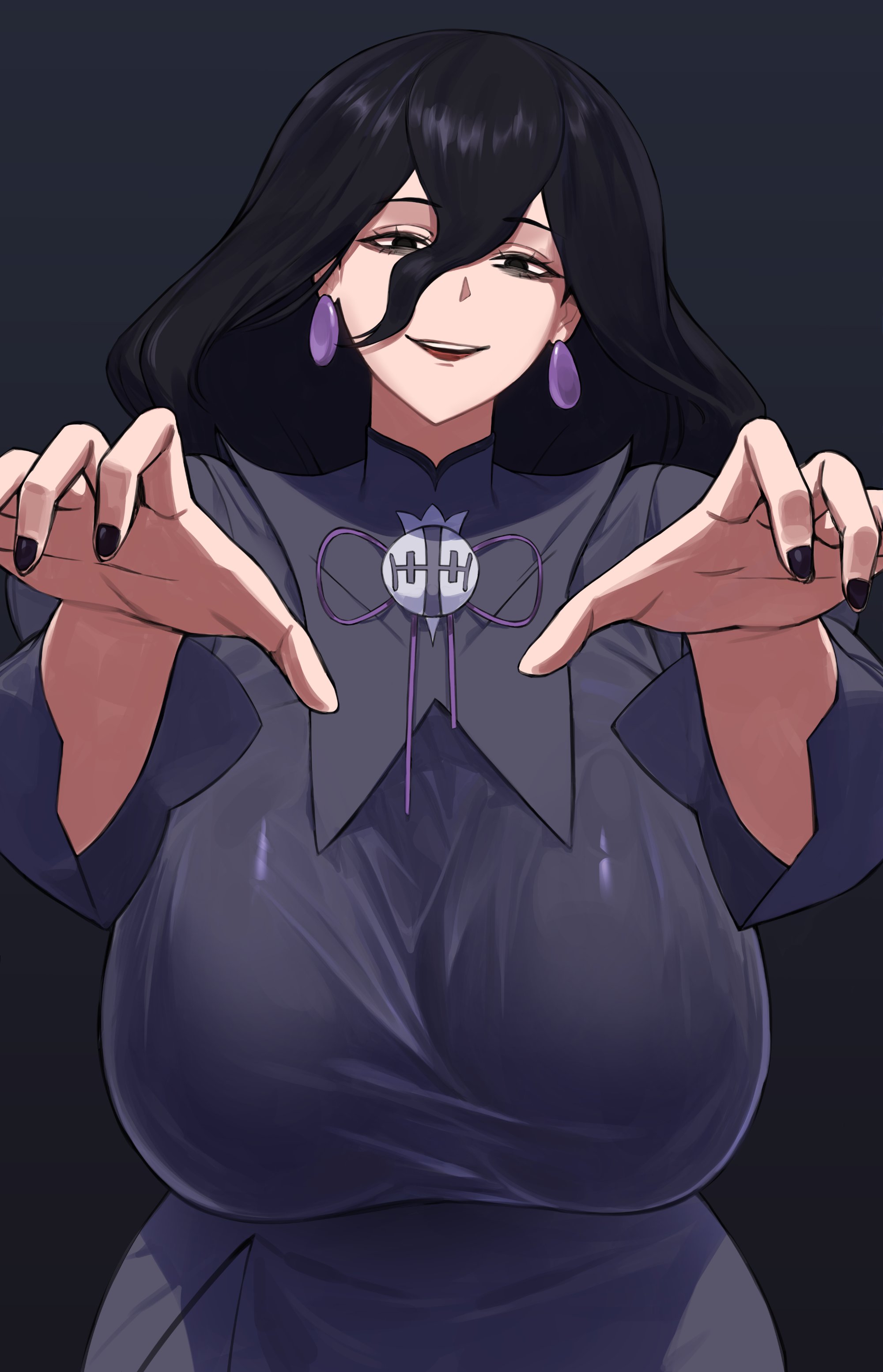 absurdres, alternate breast size (larger), bags under eyes, black hair, black nails, breasts, dress, earrings, female, game freak, gigantic breasts, hair between eyes, hex maniac, hex maniac (pokemon legends: z-a), highres, jewelry, juliet sleeves, long hair, long sleeves, looking at viewer, nail polish, nintendo, pokemon, pokemon legends: z-a, puffy sleeves, shou illust, simple background, solo