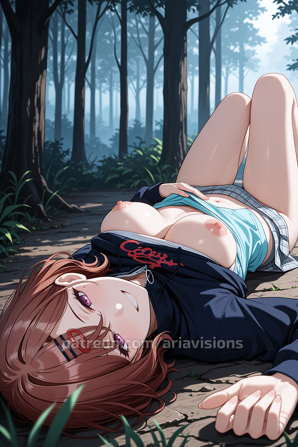 ai generated, ariavisions, breasts, breasts out, brown hair, female, grin, hairclip, higuchi madoka, idolmaster, knees up, looking at viewer, lying on back, mole under eye, purple eyes, short hair, undressing