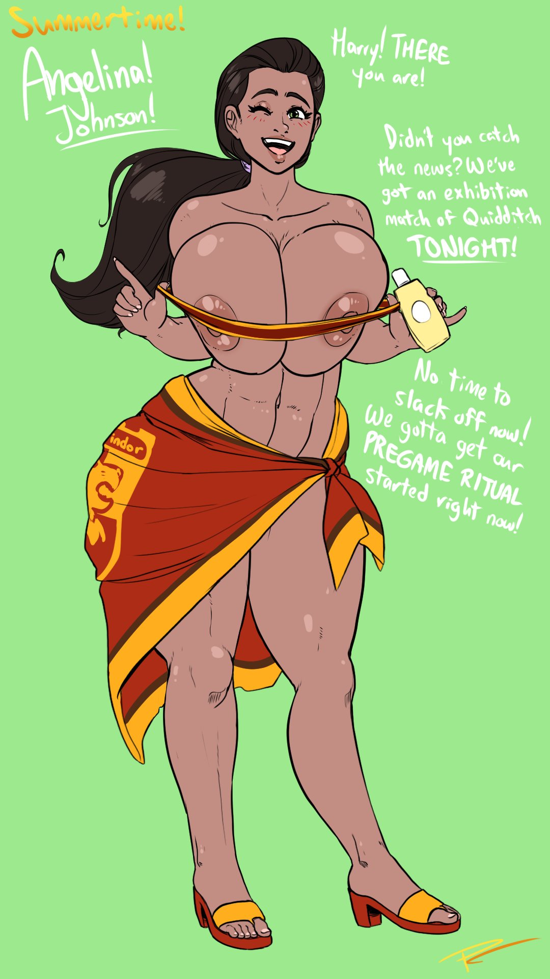 1girls, 2d, angelina johnson, artist signature, black hair, blush, breasts, dark skin, dark-skinned female, dialogue, english, english text, fakeryway, female, female only, green eyes, gryffindor, harry potter, huge breasts, light skin, light-skinned female, long hair, pleasure castle, ponytail, sarong, simple background, solo, tubetop, voluptuous, wink, witch (harry potter), ych, ych commission