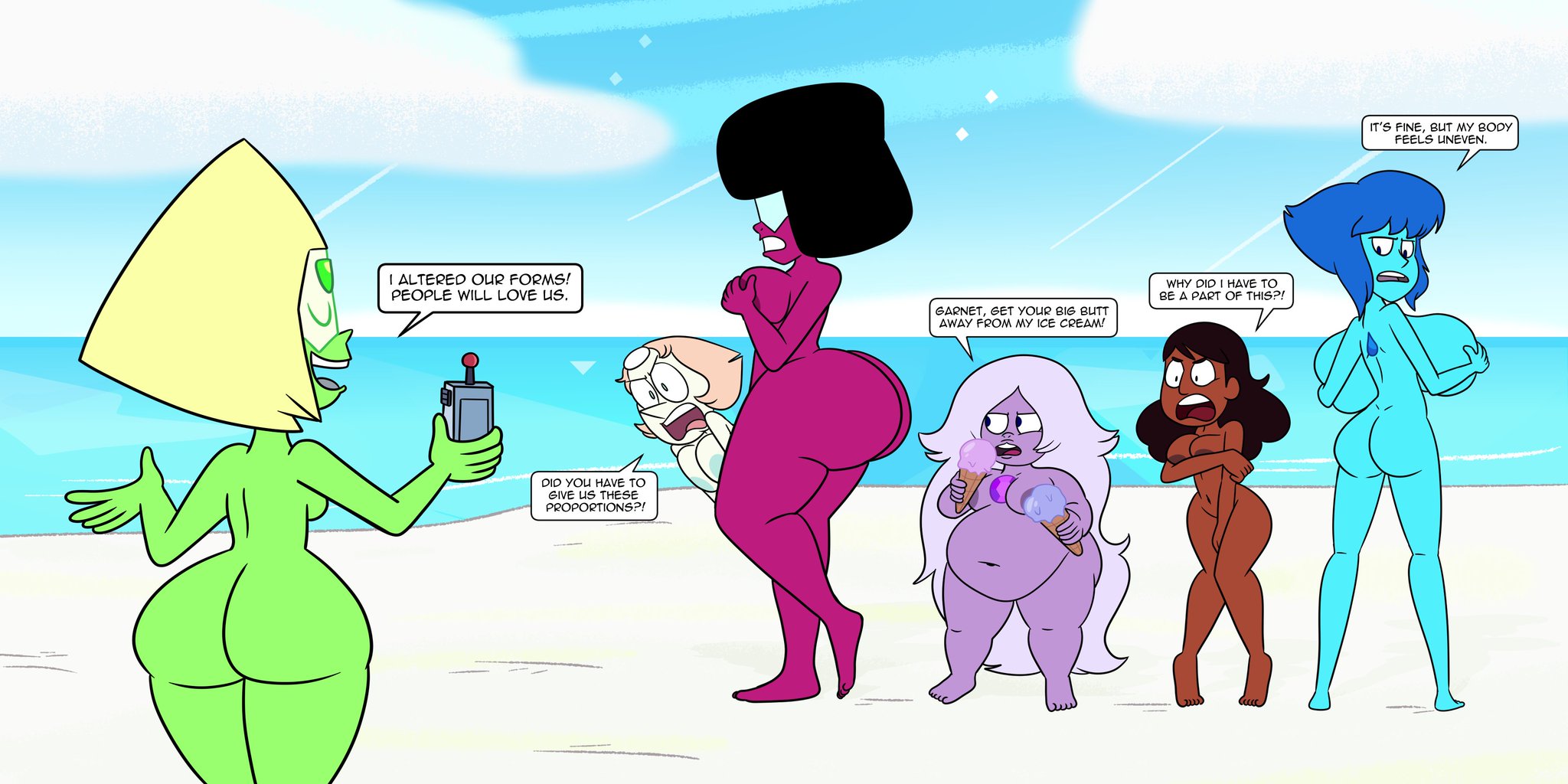 6+girls, 6girls, alien girl, amethyst (steven universe), ass expansion, beach, big ass, big belly, big boobs, big breasts, big butt, blue skin, breast expansion, breast growth, breast growth (enlargement), breasts, brown skin, butt expansion, casual, connie maheswaran, covering breasts, covering crotch, dark skin, embarrassed, embarrassed nude female, enf, female, garnet (steven universe), gem (species), gem on back, gem on chest, gem on forehead, green skin, group, human, ice cream, lapis lazuli (steven universe), long hair, nonsexual, nonsexual nudity, nude, pale skin, pearl (steven universe), peridot (steven universe), public exposure, public nudity, purple skin, red skin, scobionicle99, short hair, steven universe, tagme, thick ass, thick butt, thick legs, thick thighs, white skin
