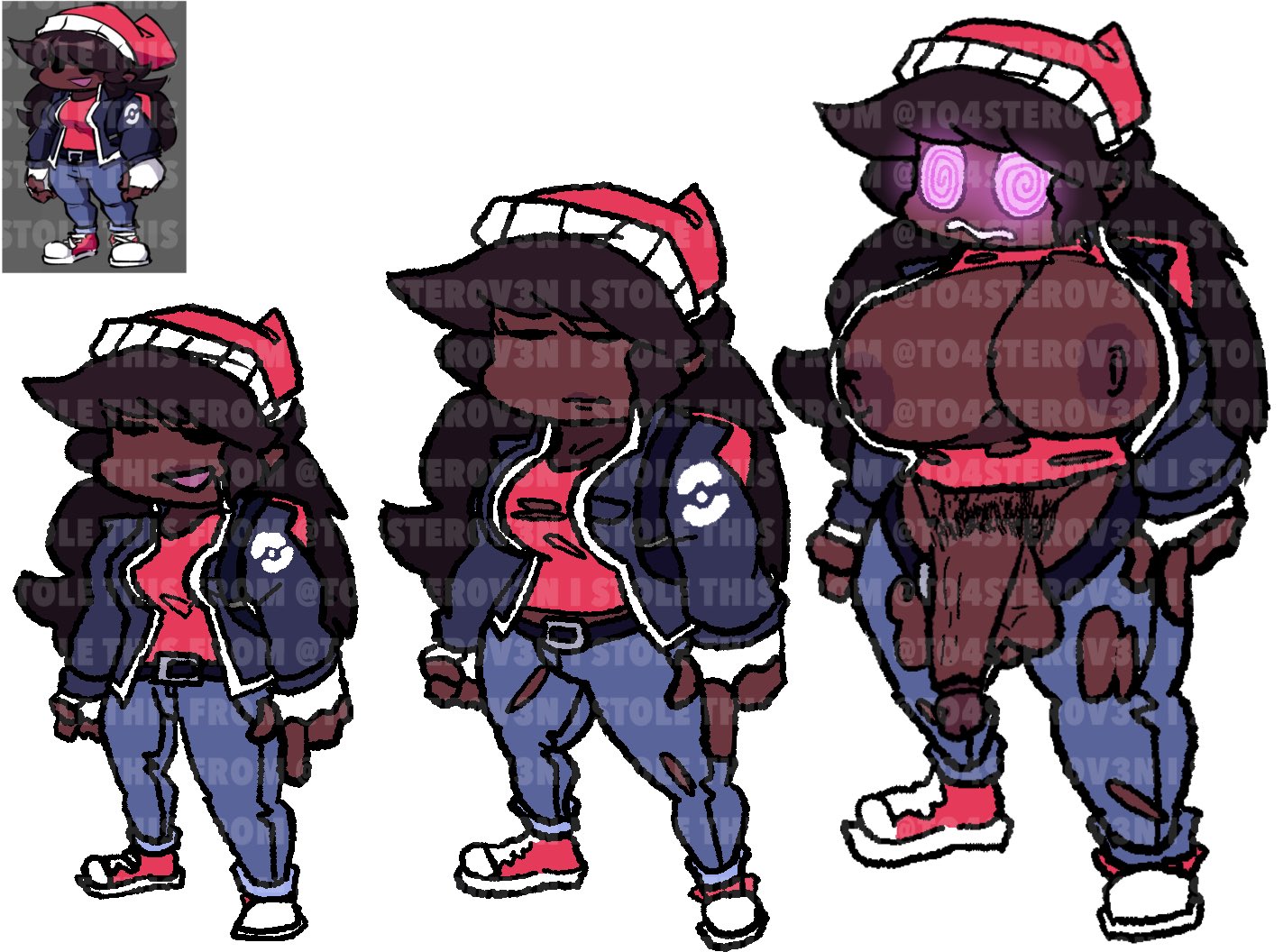 1futa, ass bigger than head, ass expansion, backpack, breast expansion, breast growth, breast growth (enlargement), breasts, breasts bigger than head, brown hair, cleavage, clothed, dick, dickgirl, dissappointed look, exposed breasts, exposed penis, fingerless gloves, flaccid, friday night funkin, futa only, futanari, genital expansion, genital growth, genital growth (enlargement), girlfriend (friday night funkin), glowing eyes, growth, hypnos lullaby, hypnosis, hypnotic eyes, intersex, jacket open, jeans, lullaby girlfriend (fnf redesign), nipples, penis, penis bulge, penis expansion, penis growth, penis growth (enlargement), pubic hair, red beanie, reference image, self upload, solo, tearing clothes, to4ster-0v3n (artist), transformation, watermark