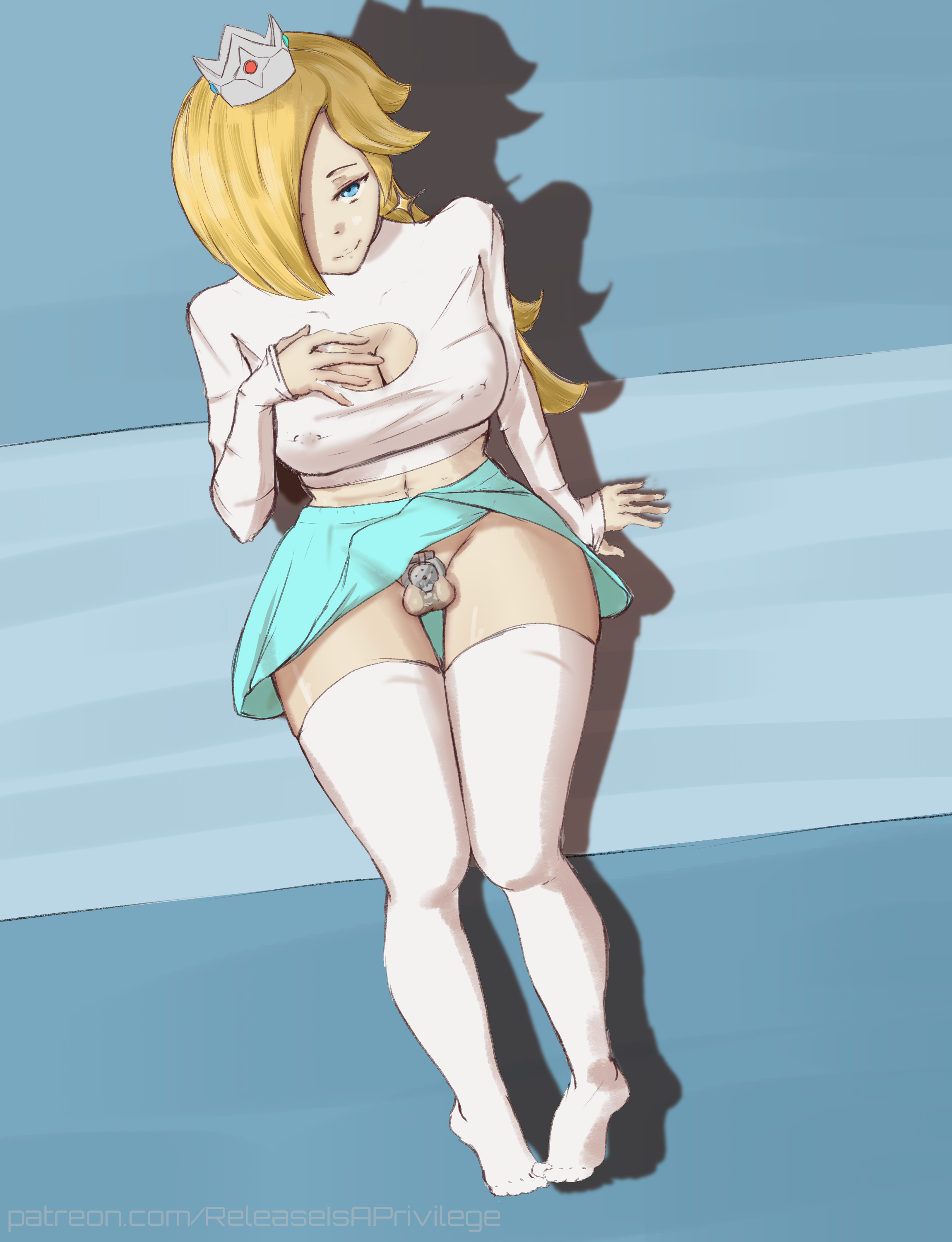 1futa, blonde hair, blue eyes, chastity cage, chastity device, cleavage, cleavage cutout, crown, flat chastity cage, futa chastity, futanari, intersex, phruvin, png, princess rosalina, skirt, stockings, thighhighs