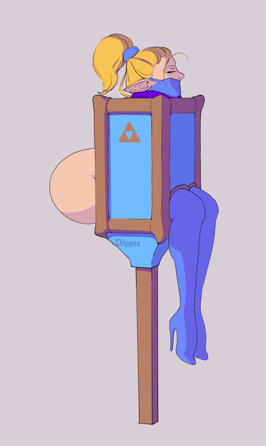 1girls, blonde hair, bondage, bound, box, chippes, elf ears, female, female only, femsub, high heels, in box, in container, pointy ears, ponytail, princess zelda, simple background, stationary restraints, the legend of zelda