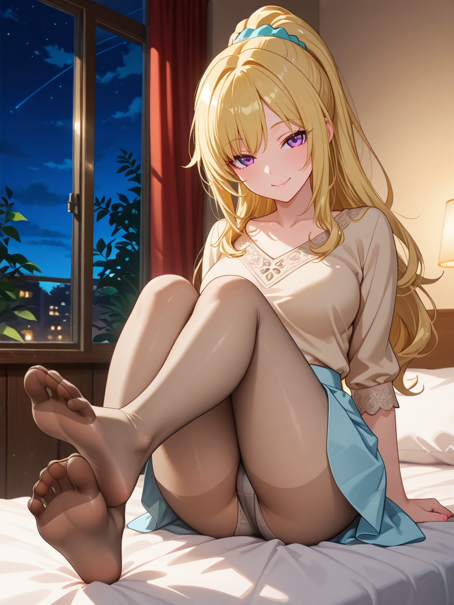 1girls, ai generated, bed, bedroom, blonde female, blonde hair, breasts, classroom of the elite, feet, feet together, female, foot fetish, foot focus, fully clothed, fully clothed female, hair scrunchie, karuizawa kei, legwear, looking at viewer, medium breasts, panties, panties under pantyhose, pantyhose, ponytail, protocat, purple eyes, self upload, sheer, sheer legwear, shirt, skirt, smiling at viewer, soles, soles female, solo, solo female, toes