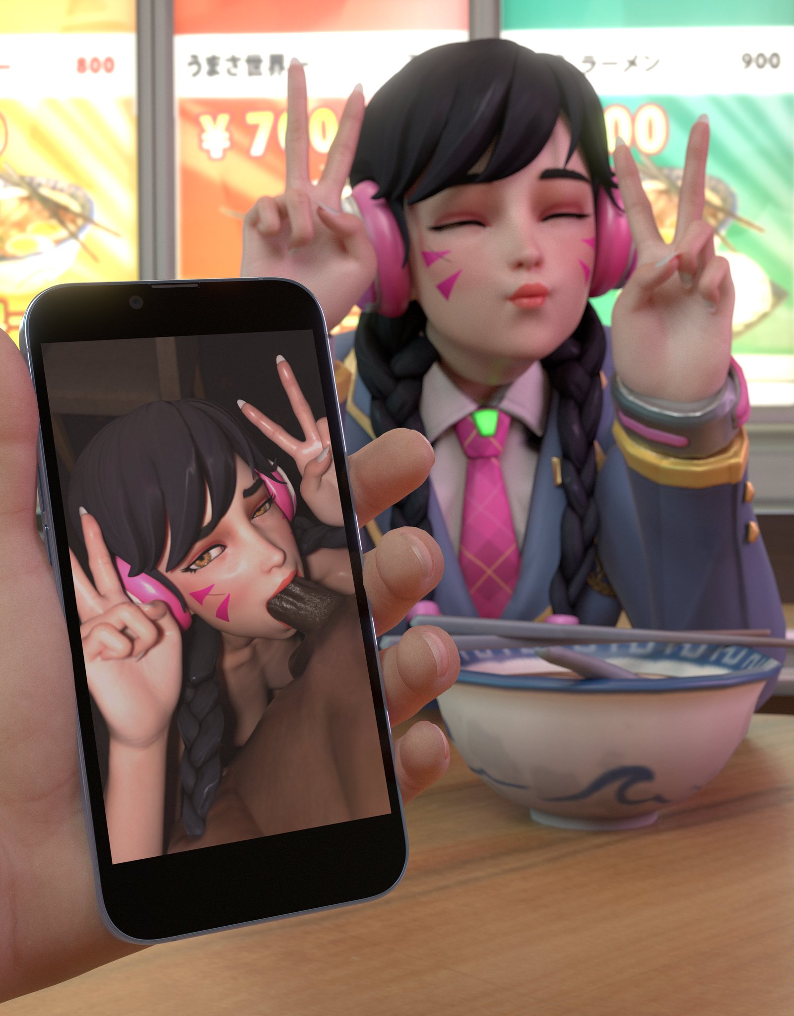 1girls, 2boys, 3d, academy d.va, asian, asian female, cabezadeperro00, clothing, d.va, dark skin, dark-skinned male, fellatio, female, glasses, hana song, holding phone, implied cheating, interracial, juxtaposition, korean, korean female, light skin, light-skinned female, looking at phone, looking at viewer, male, nudes on phone, oral, overwatch, overwatch 2, partial male, peace sign, tagme