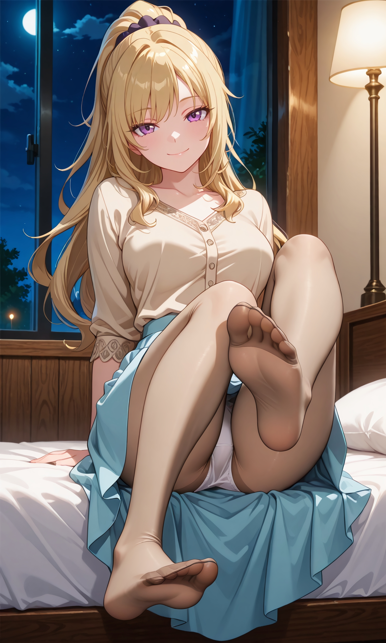 1girls, ai generated, bed, bedroom, blonde female, blonde hair, breasts, classroom of the elite, feet, female, foot fetish, foot focus, fully clothed, fully clothed female, hair scrunchie, karuizawa kei, leg up, legwear, looking at viewer, medium breasts, night, night sky, panties, panties under pantyhose, pantyhose, ponytail, presenting feet, protocat, purple eyes, self upload, sheer, sheer legwear, shirt, skirt, smiling at viewer, soles, soles female, solo, solo female, toes