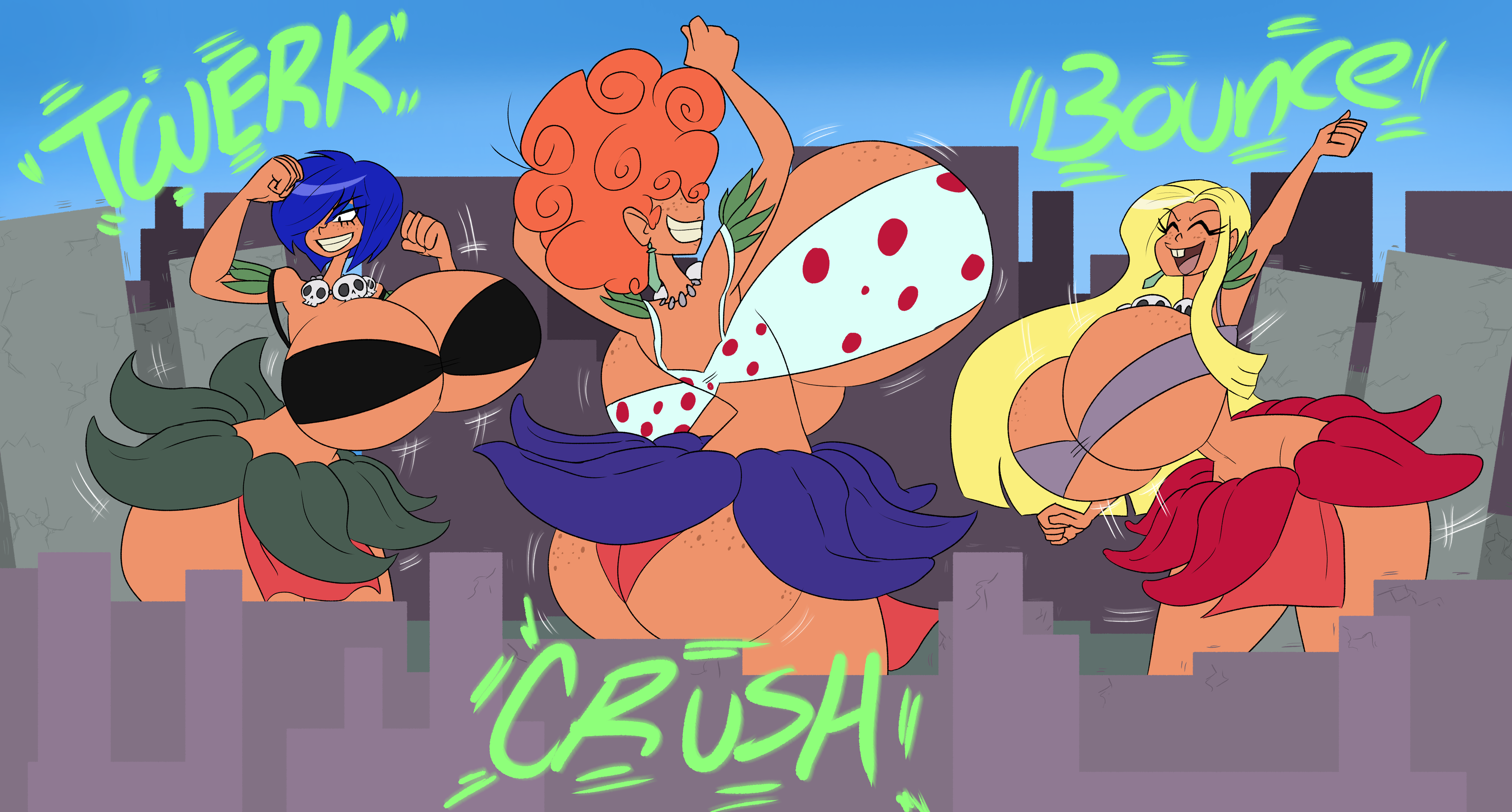 3girls, ass, breasts, city, da-fuze, ed edd n eddy, female, flower skirt, giantess, junglejunglejuly (prevence), kanker sisters, large breasts, lee kanker, macro, marie kanker, may kanker, mii (jungle de ikou) (cosplay), tribal clothing, tribal outfit, wide hips