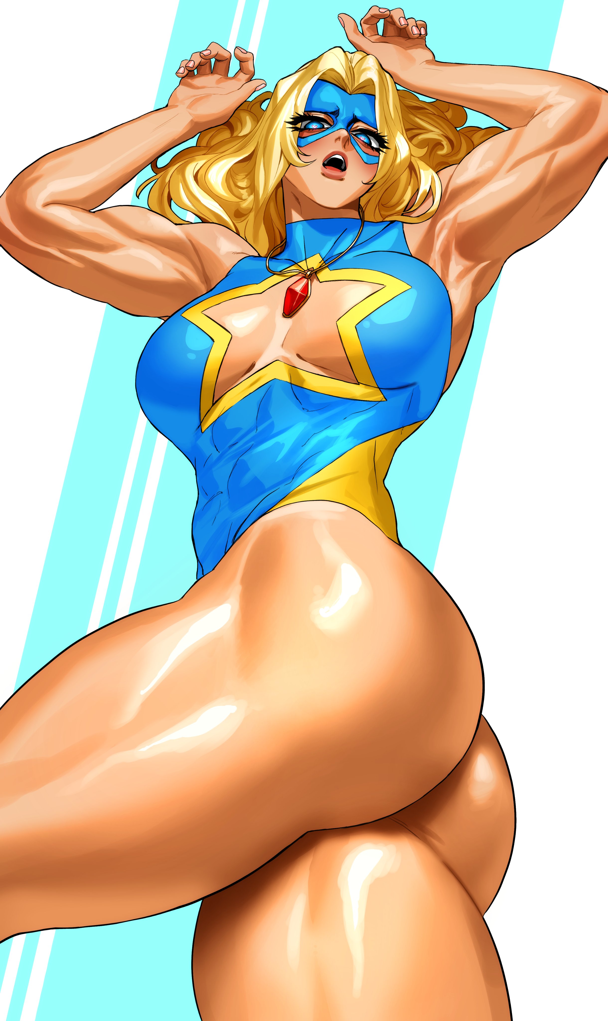 1girl, 1girls, absurd res, armpits, arms up, ass, beach blazer, biceps, blonde blazer, blonde female, blonde hair, boob window, breasts, cleavage, dispatch (game), female, female focus, female only, legs, looking at viewer, looking down at viewer, mandy (dispatch), muscular, muscular arms, muscular female, sideass, solo, solo female, solo focus, sotcho, thick thighs, thighs