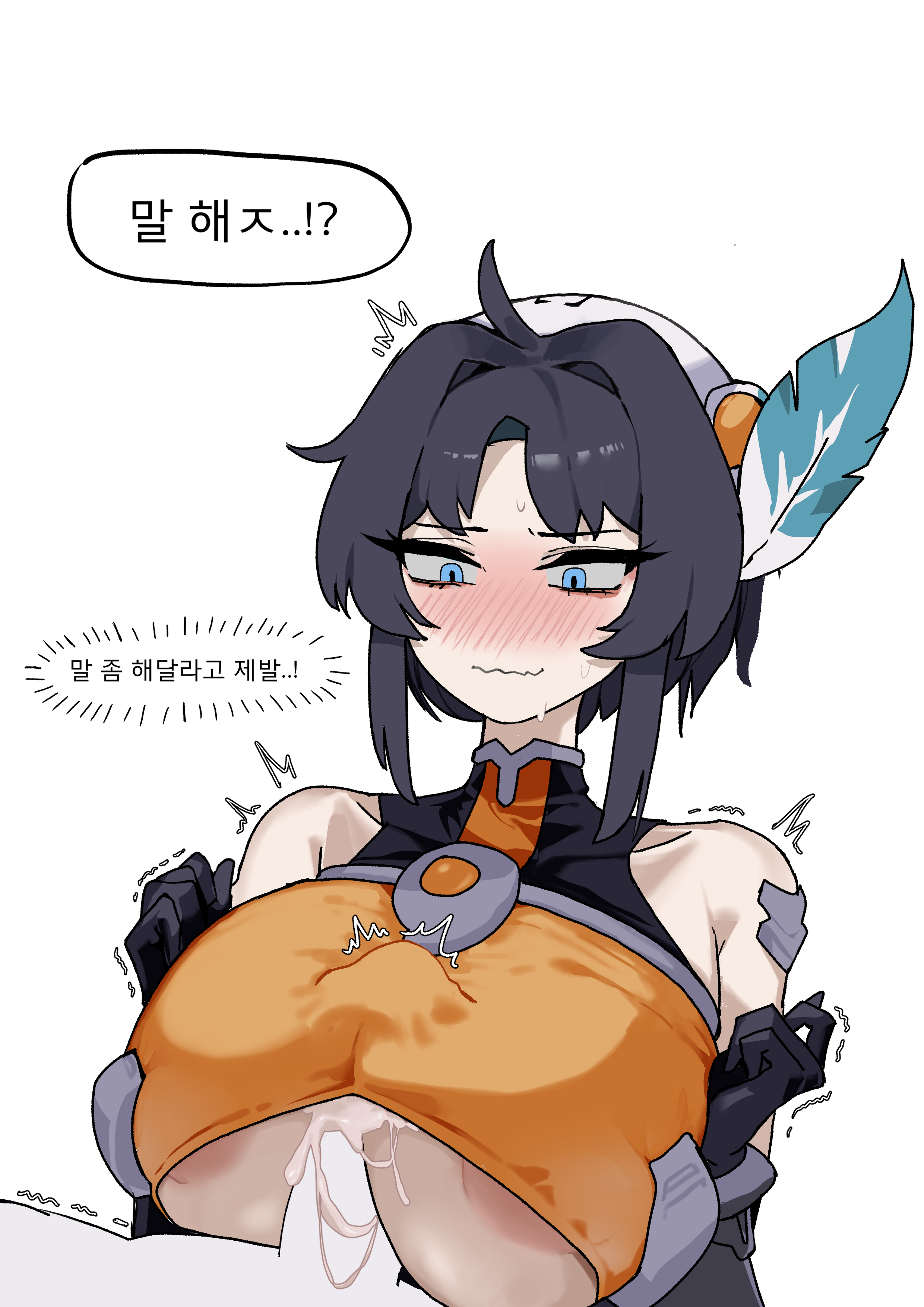 1boy1girl, 2026, bare shoulders, big breasts, black hair, blue eyes, blush, boobjob, breasts, clothed, clothing, color, colored, cum, cum on breasts, cumshot, digital media (artwork), embarrassed, erection, female, flushed, galaxy gals, grey body, hair, hi res, huge breasts, huntress terun, korean text, large breasts, light skin, light-skinned female, male, male/female, nipples, nyanko daisensou, open mouth, orgasm, paizuri, paizuri under clothes, penis, short hair, simple background, text, text bubble, the battle cats, titjob, video game character, video games, white background