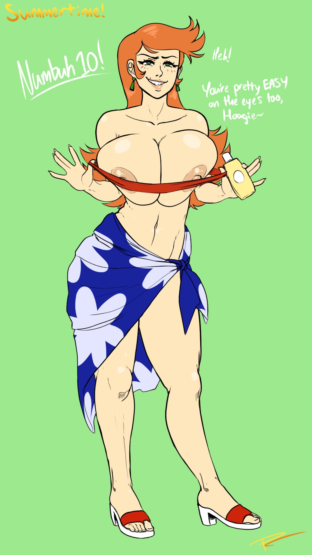 1girls, aged up, artist signature, blush, breasts, cartoon network, codename: kids next door, dialogue, english, english text, fakeryway, female, female only, fusionfall, green eyes, huge breasts, long hair, numbuh 10, orange hair, pleasure castle, sarong, simple background, solo, tube top, tubetop, voluptuous, warner bros, warner bros. animation, warner brothers, ych, ych commission