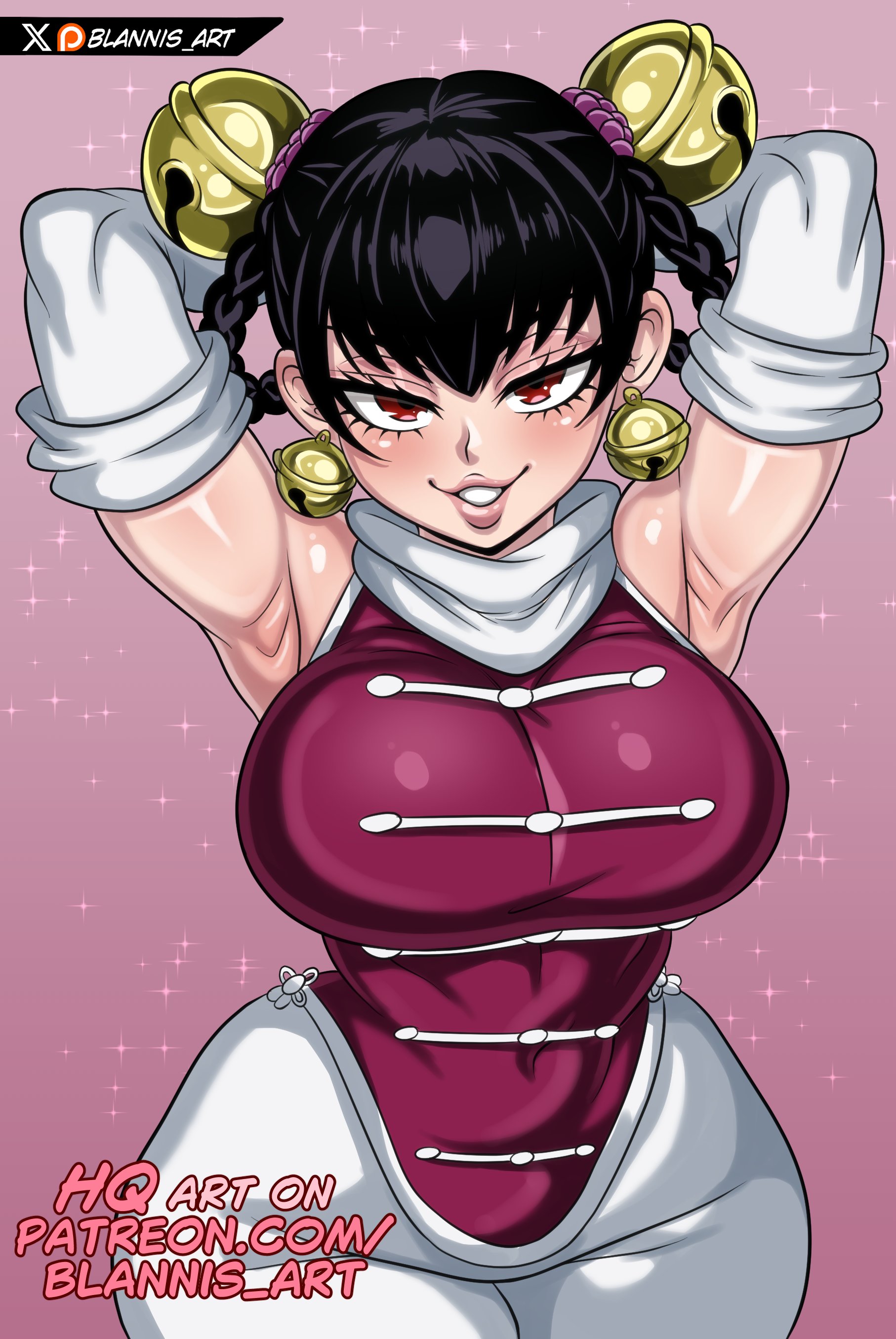 1girls, armpits, arms behind head, bells, black hair, blannis art, braided hair, breasts, clothed, female, female only, flirty, large breasts, lin lin (one-punch man), looking at viewer, one-punch man, red eyes, solo, voluptuous, voluptuous female, wide hips