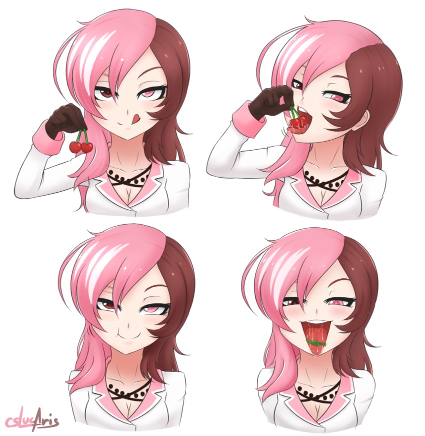 :d breasts brown_eyes brown_hair cherry cleavage coat collarbone cslucaris eating face female food fruit gloves half-closed_eyes heterochromia highres jewelry licking licking_lips long_hair long_sleeves looking_at_viewer multicolored_hair naughty_face necklace neo_(rwby) open_mouth pink_eyes pink_hair rwby saliva saliva_trail sexually_suggestive simple_background smile teeth tongue tongue_out two_tone_hair upper_body white_background