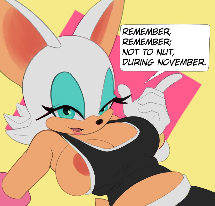 barely contained breasts, barely fits, bat ears, bat girl, bat tail, big breasts, black clothing, breasts, breasts too big, bursting breasts, female, gloves, imminent wardrobe malfunction, no nut november, nose, overflowing breasts, reminder, rouge the bat, saransaran, slightly chubby, sonic (series), sonic the hedgehog (series), tight fit, tight fitting clothing, undersized clothes, undersized clothing, wardrobe malfunction