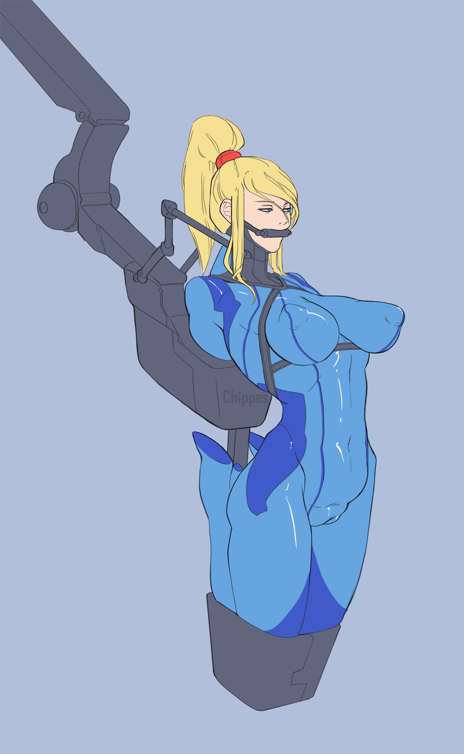 bit gag, blonde hair, blue bodysuit, blue clothing, bodysuit, bondage, bound, breast harness, breasts, cameltoe, chippes, collar, defeated, defeated heroine, female, female focus, female only, femsub, fully clothed, gag, gagged, high heels, humiliation, mechanical fixation, metal collar, metroid, nintendo, nipple bulge, ponytail, posture collar, red hair tie, samus aran, shiny clothes, simple background, steel bondage, submissive, submissive female, tight clothing, zero suit, zero suit samus
