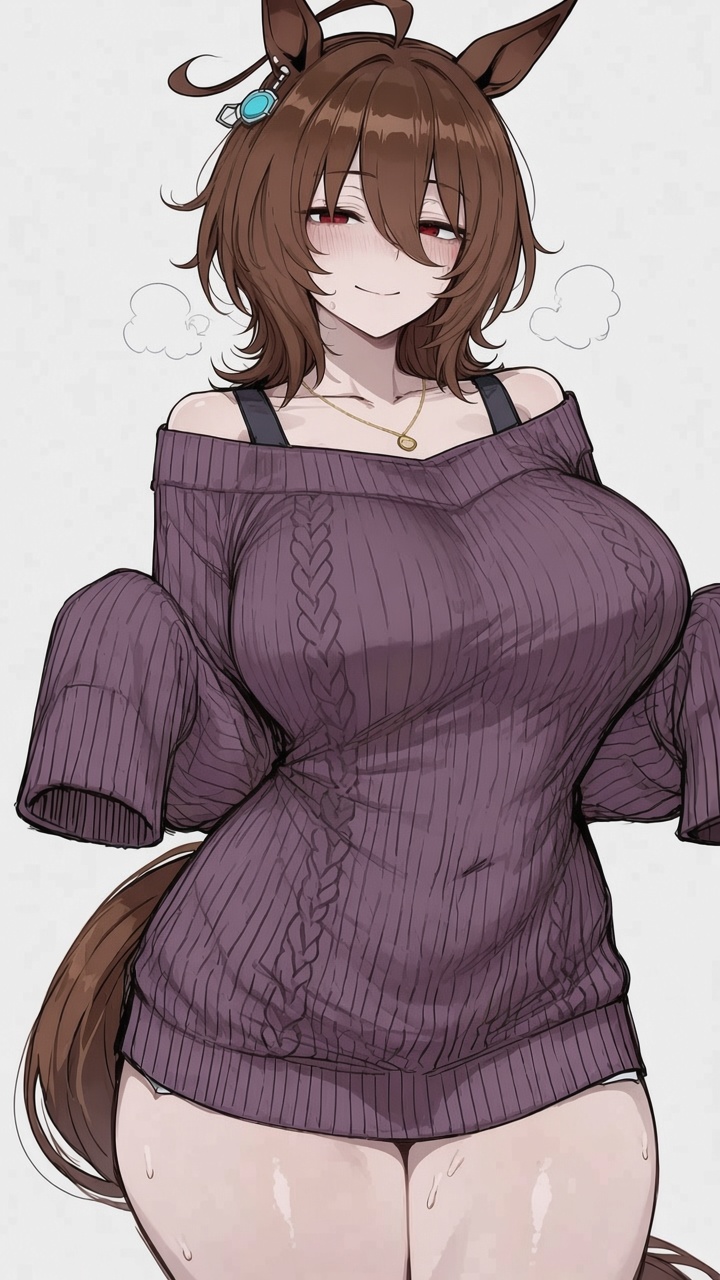 agnes tachyon (umamusume), ai generated, brown hair, busty, horny, horse ears, horse girl, horse tail, in heat, large breasts, necklace, red eyes, sweat, sweater, thick thighs, umamusume, wide hips