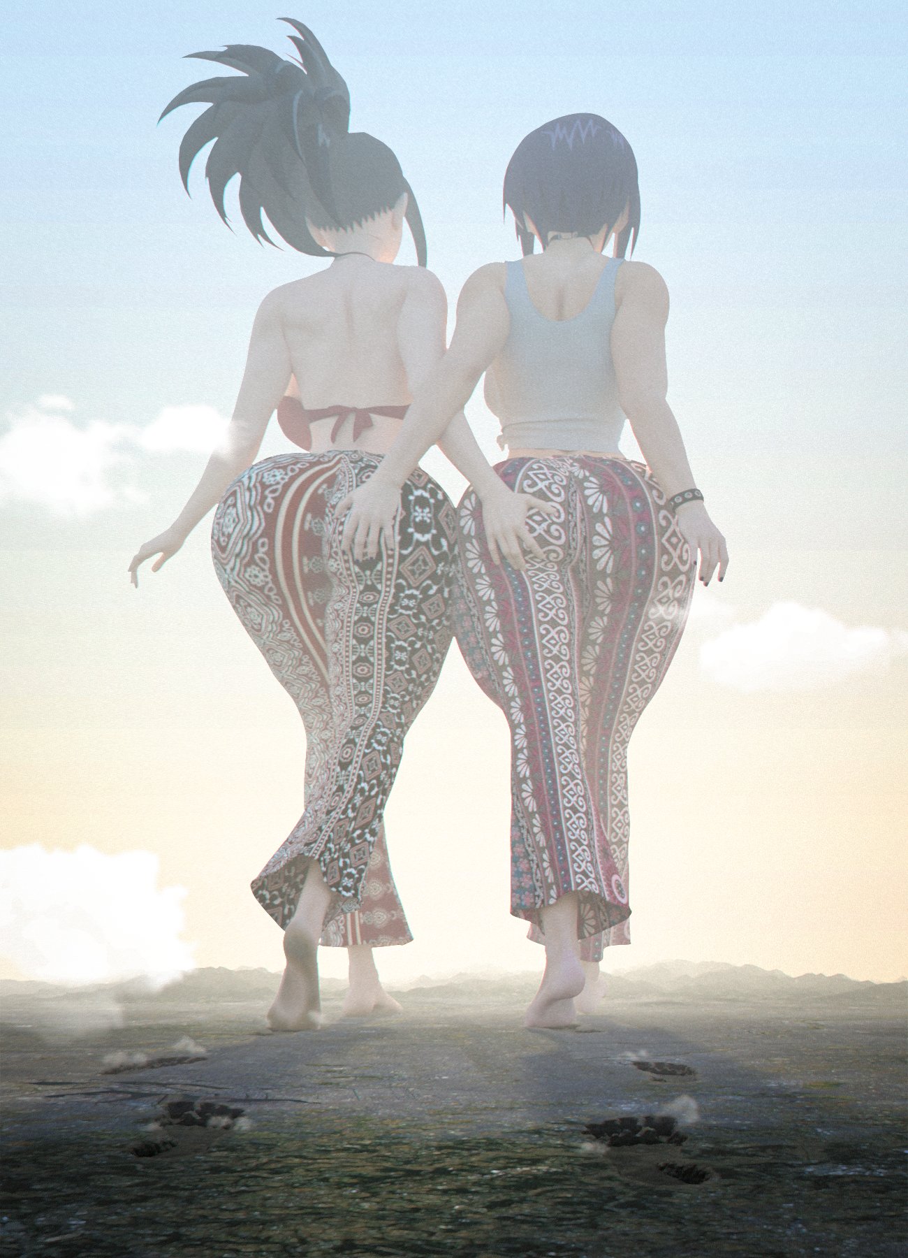 2girls, ass grab, boku no hero academia, female, flare pants, forbidden pants, from behind, giantess, grabbing ass, hyper giantess, kamicamie, kyoka jiro, momo yaoyorozu, my hero academia, walking, yuri