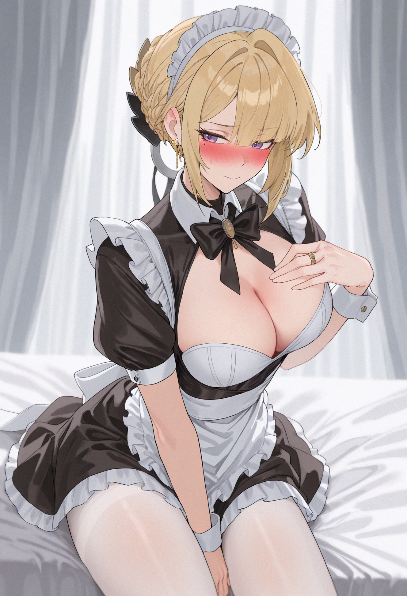 1girls, ai generated, blonde hair, blush, breasts, embarrassed, evelyn chevalier, female, gayuchi, looking away, maid, maid uniform, mihoyo, mole, mole under eye, zenless zone zero