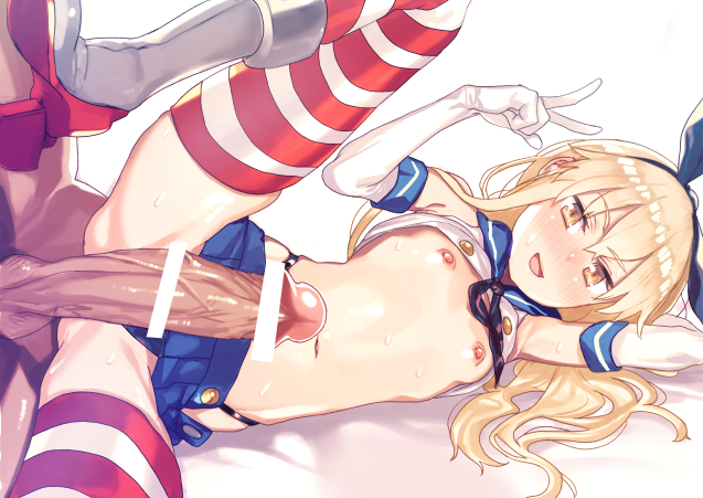 1boy blonde_hair blue_skirt blush boots breasts crop_top elbow_gloves female gloves hairband highleg highleg_panties huge_cock kantai_collection long_hair looking_at_viewer lying microskirt navel nipples on_side panties penis shimakaze_(kantai_collection) skirt small_breasts solo_focus spread_legs striped striped_legwear subachi thighhighs underwear v white_background white_boots white_gloves yellow_eyes