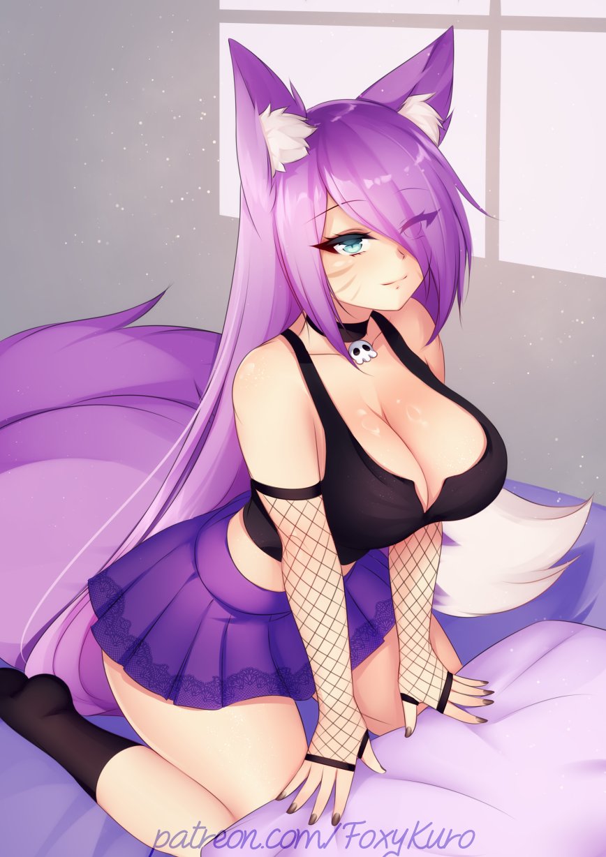1girls, blue eyes, choker, cleavage, crop top, female, female only, fishnet sleeves, fishnets, fox ears, fox girl, foxykuro, hair over one eye, kuro (foxykuro), miniskirt, nail polish, on knees, painted fingernails, painted nails, purple hair, short skirt, skirt, skull choker, tagme, tail
