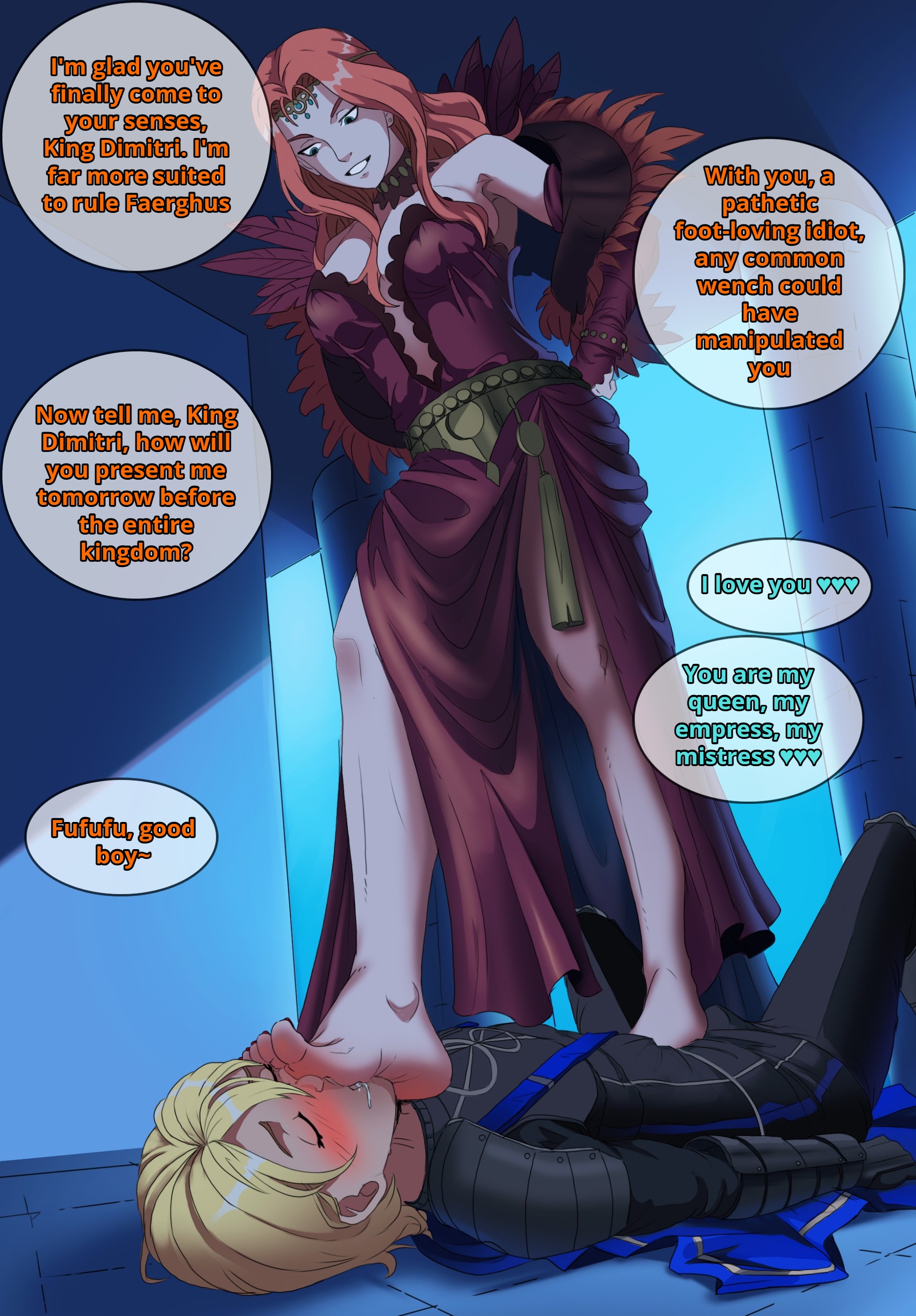 blonde hair, cornelia arnim, dimitri alexandre blaiddyd, feet, feet focus, female, female domination, femdom, femdom caption, fire emblem, fire emblem: three houses, foot fetish, foot focus, green eyes, orange hair, sole female, soles, soles fetish