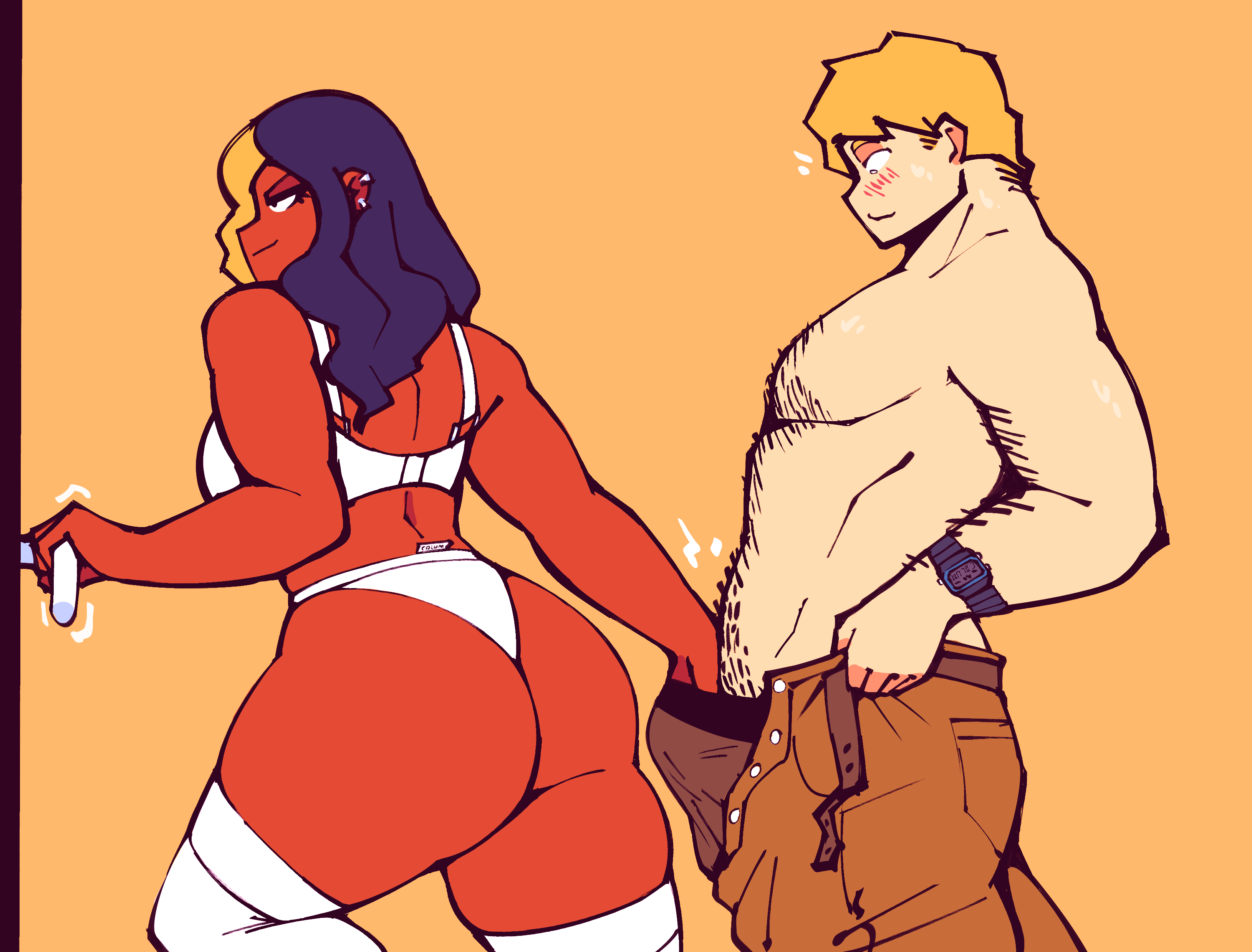 ass, big ass, black and yellow hair, black hair, blonde hair, blonde-haired male, blush, bra, cdlum, closing door, damson (cdlum), dark skin, dark-skinned female, ear piercing, female, hairy, hairy arms, hairy chest, imminent sex, jeans, long hair, male, maple (cdlum), pulling, pulling underwear, surprised, watch, white bra, white panties, white socks, yellow stripe