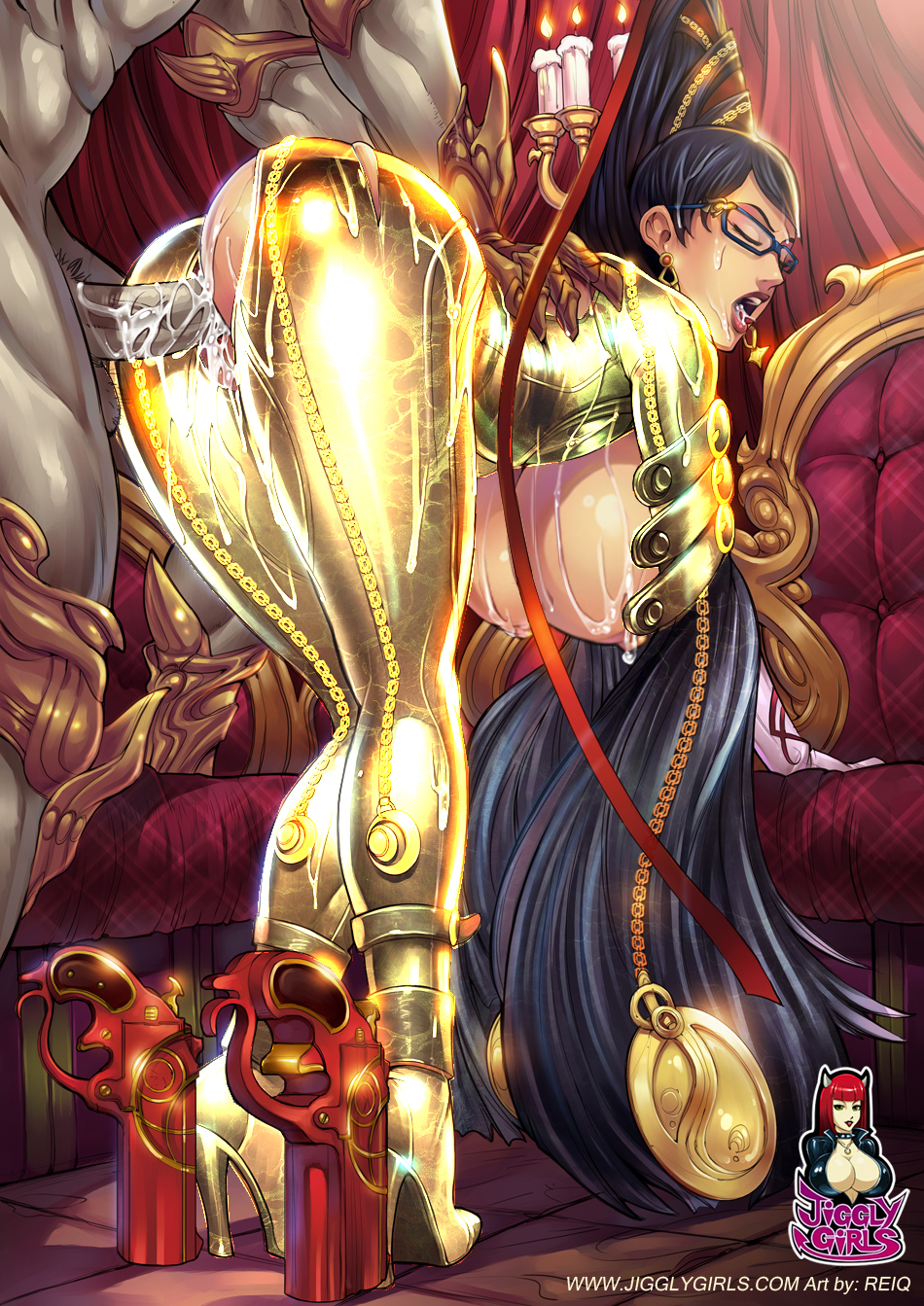 bayonetta, bayonetta (character), bent over, big breasts, black hair, breasts, burning candles, candles, cum, doggy style, female, glasses, gold, gun, hanging breasts, high heels, huge breasts, human, large breasts, legs, long hair, long legs, male, medallion, nintendo, open mouth, reiq, sega, sex, straight, torn clothes, uncensored, vaginal penetration, weapon