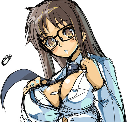 1girls akaga_hirotaka black_hair blush breasts bursting_breasts buttons cleavage clothing female glasses huge_breasts large_breasts long_hair lowres necktie open_clothes open_mouth open_shirt popped_button popped_buttons read_or_die shirt simple_background sketch solo surprised wardrobe_malfunction yellow_eyes yomiko_readman